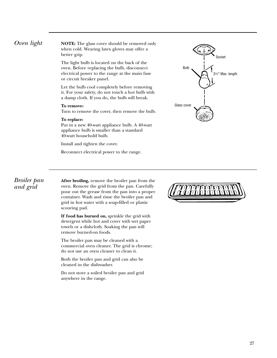 Broiler pan and grid, Oven light | GE Gas Ranges User Manual | Page 27 / 36