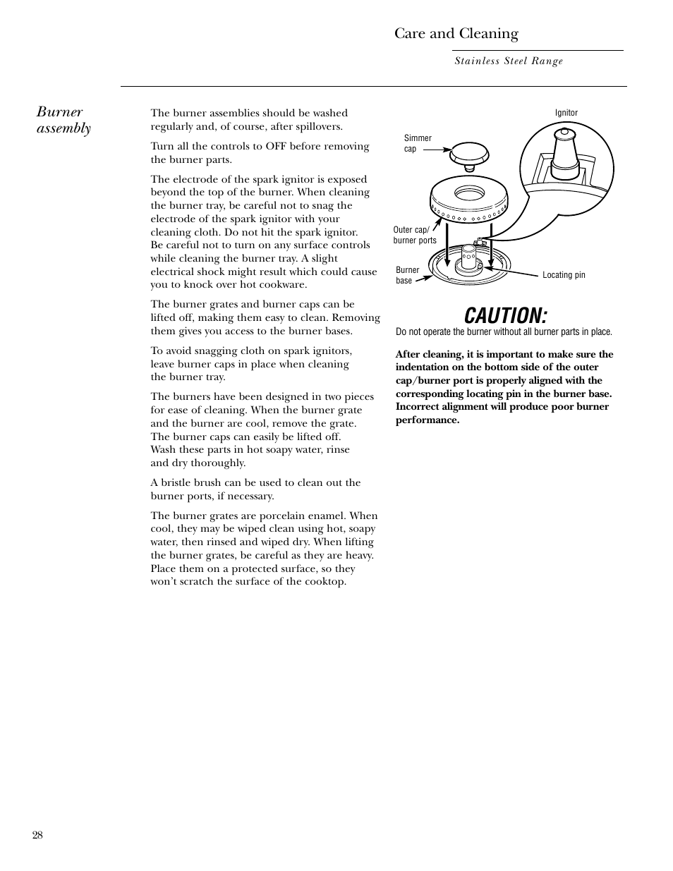 Burner assembly, Caution, Care and cleaning | GE Gas Ranges User Manual | Page 28 / 36