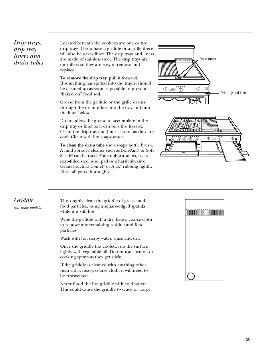 Drip trays, drain tubes, Griddle, Drip trays, drain tubes griddle | Drip trays, drip tray liners and drain tubes | GE Gas Ranges User Manual | Page 29 / 36