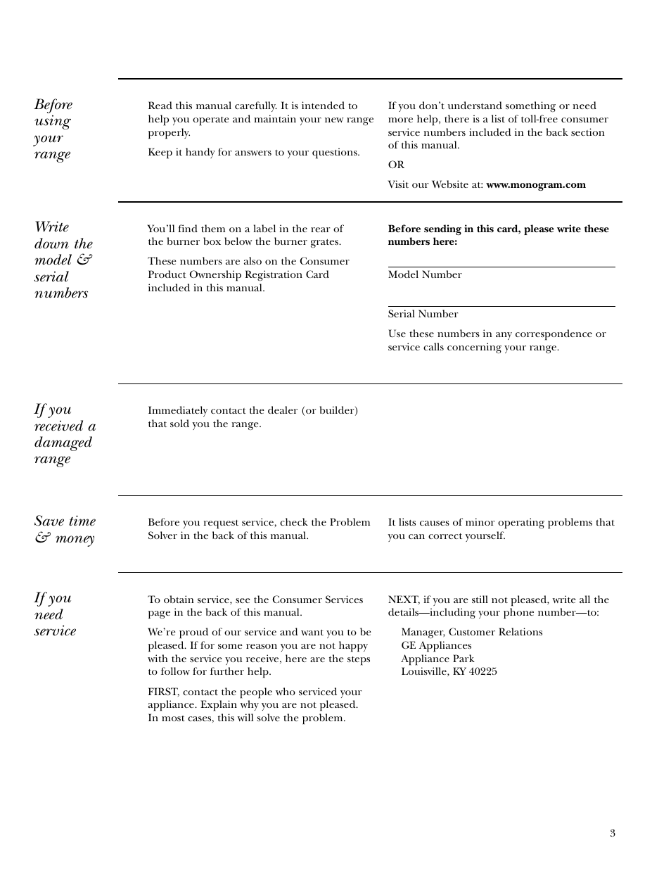 Model and serial number, Model and serial number , 36, Before using your range | Write down the model & serial numbers, If you received a damaged range, Save time & money, If you need service | GE Gas Ranges User Manual | Page 3 / 36