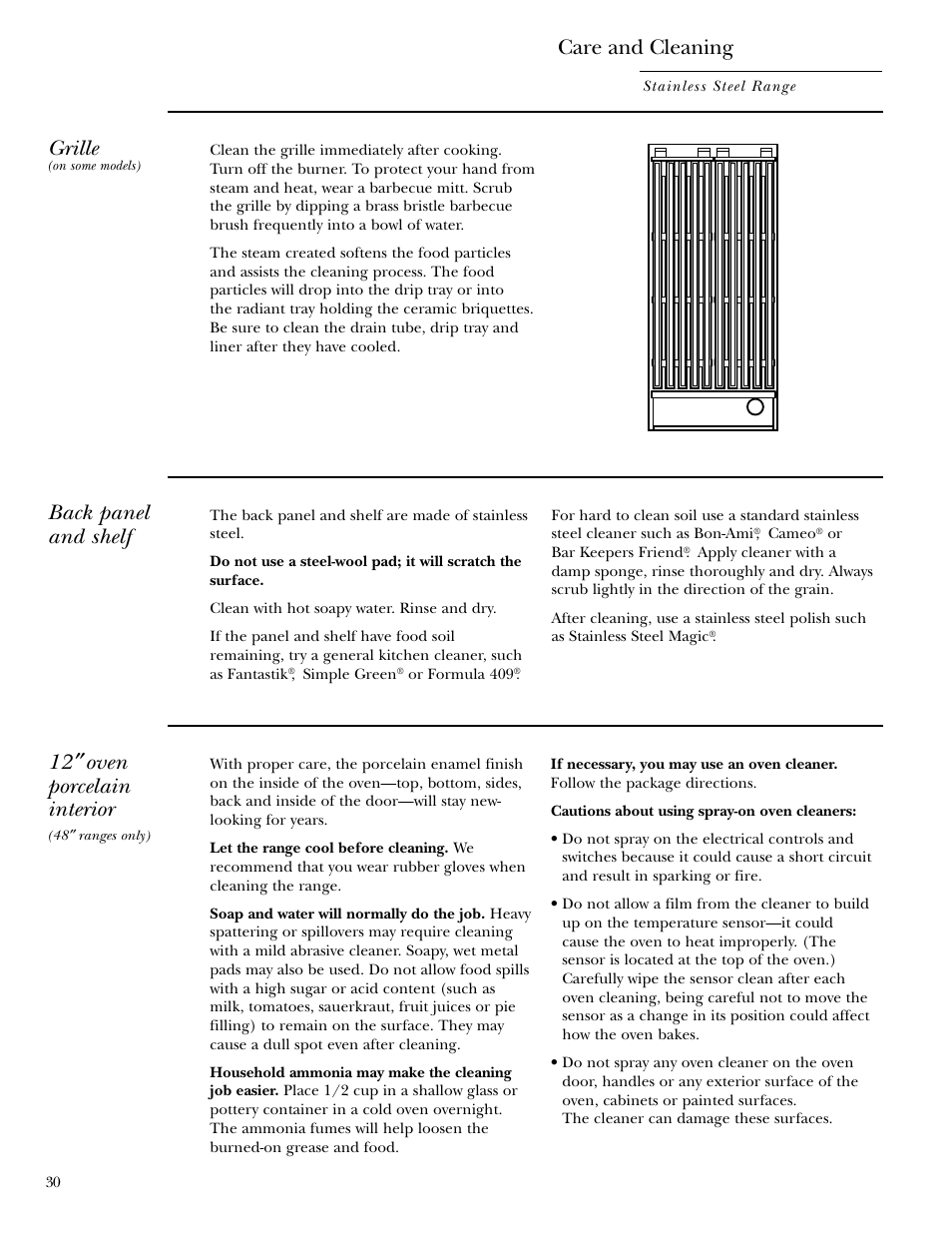 Grille, Oven porcelain interior, Care and cleaning | 12 ″ oven porcelain interior, Back panel and shelf | GE Gas Ranges User Manual | Page 30 / 36