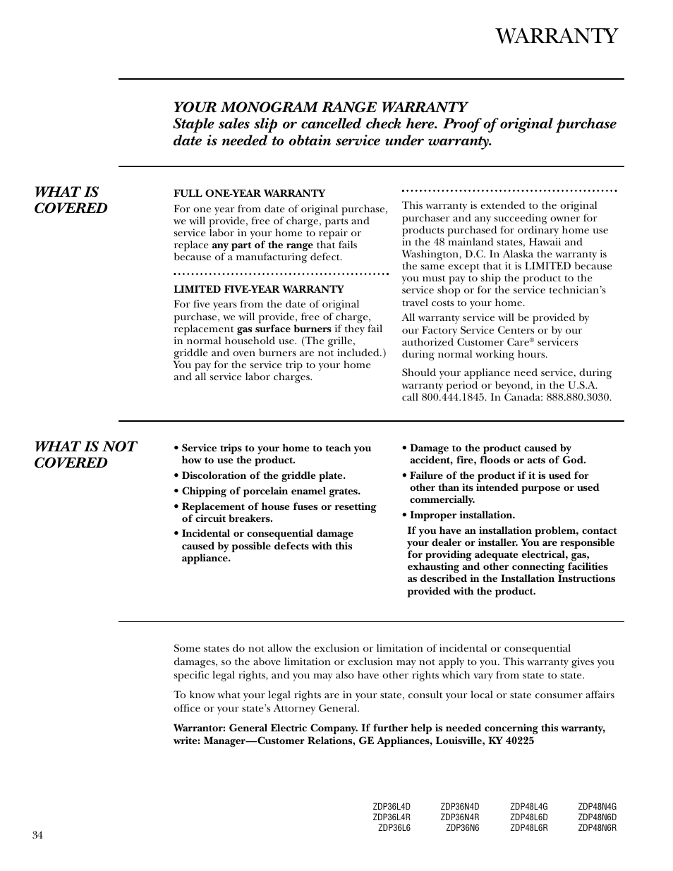 Warranty, What is not covered | GE Gas Ranges User Manual | Page 34 / 36