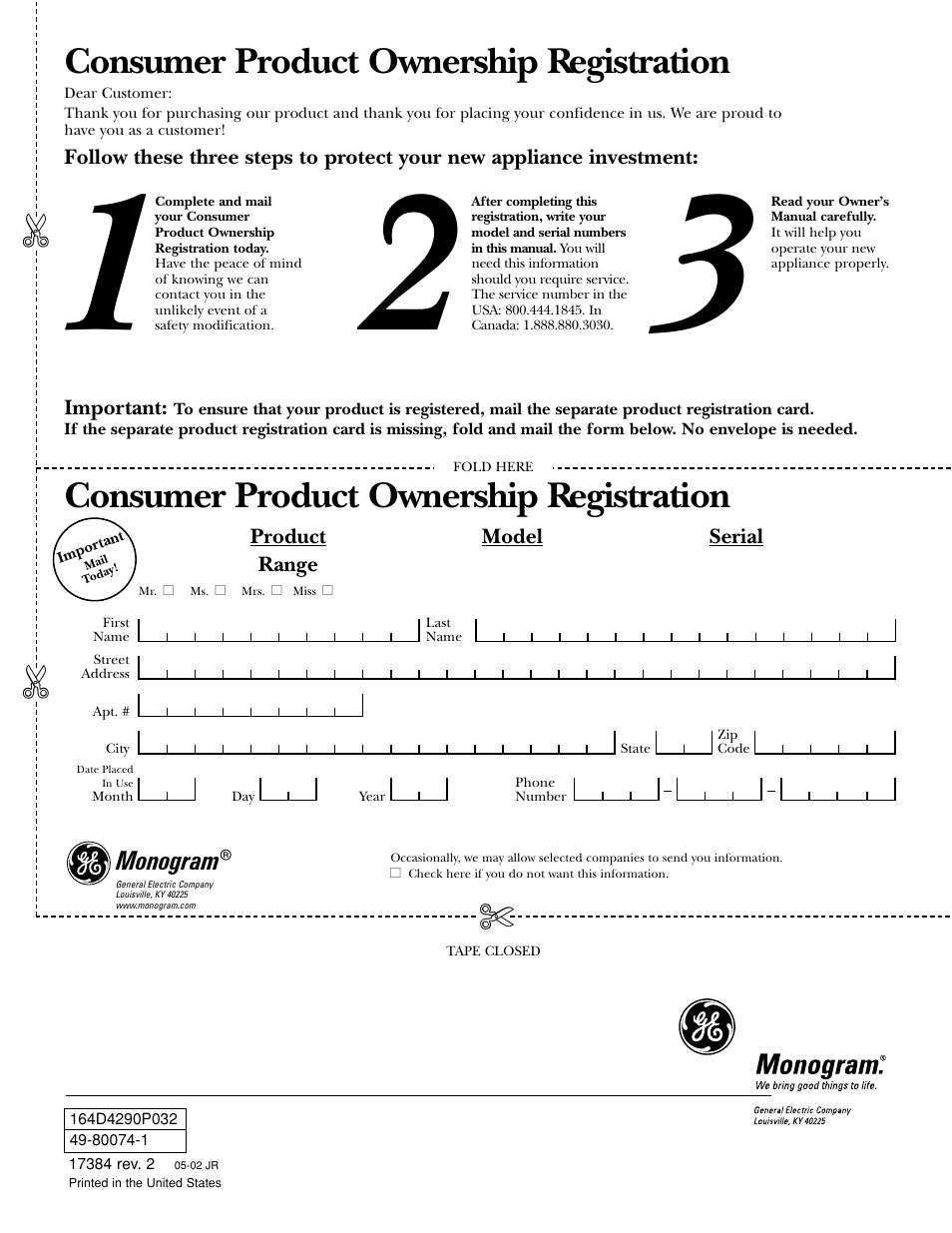 Product registration, Product registration , 35, 36, Consumer product ownership registration | GE Gas Ranges User Manual | Page 36 / 36