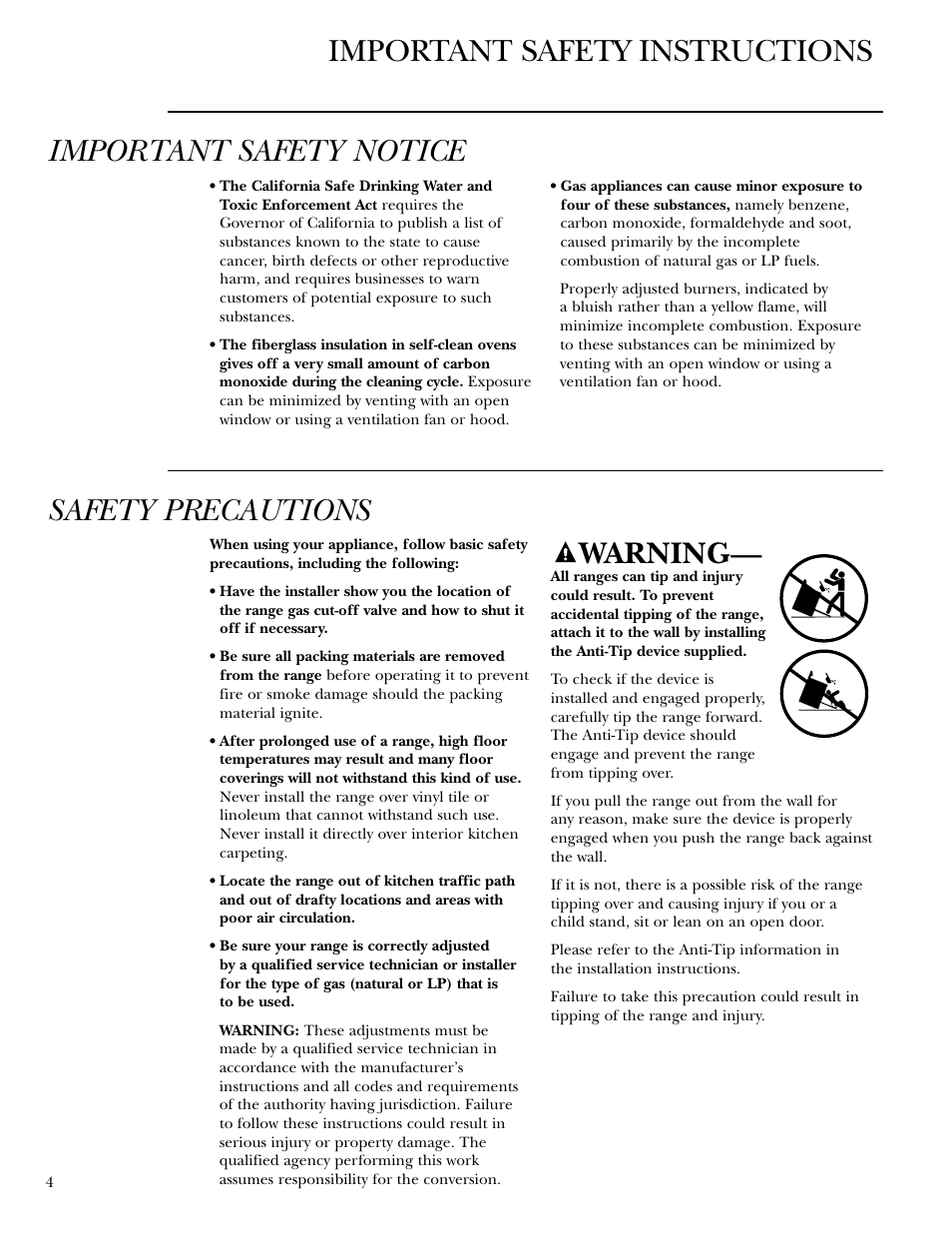 Safety instructions, Safety instructions , 4–8, Safety precautions | Warning | GE Gas Ranges User Manual | Page 4 / 36