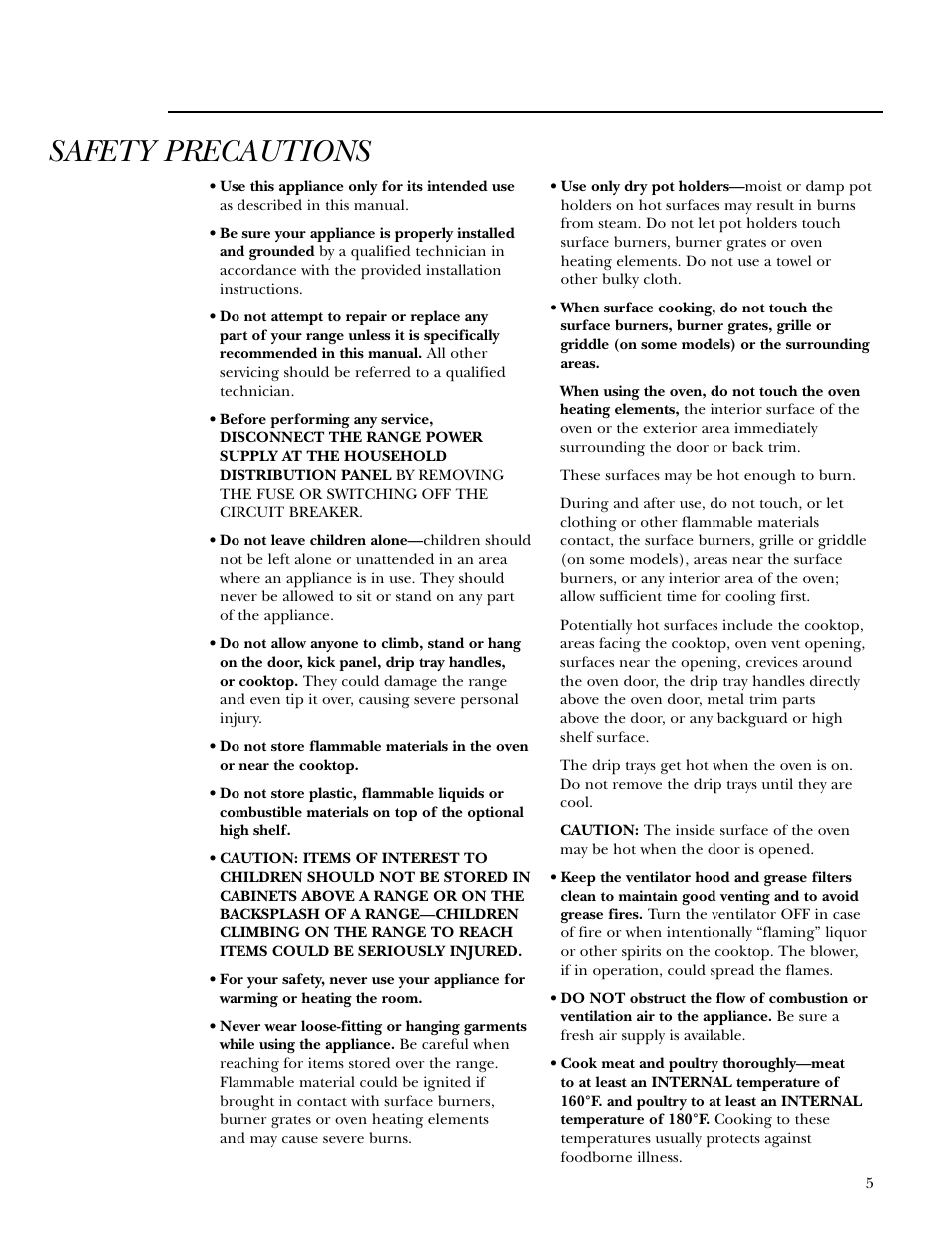 Safety precautions | GE Gas Ranges User Manual | Page 5 / 36