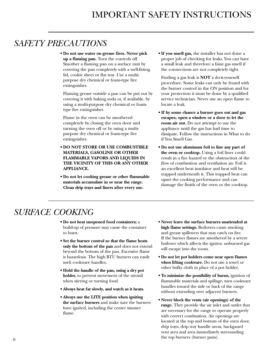 Aluminum foil, Aluminum foil , 19, 22, Important safety instructions | Safety precautions, Surface cooking | GE Gas Ranges User Manual | Page 6 / 36