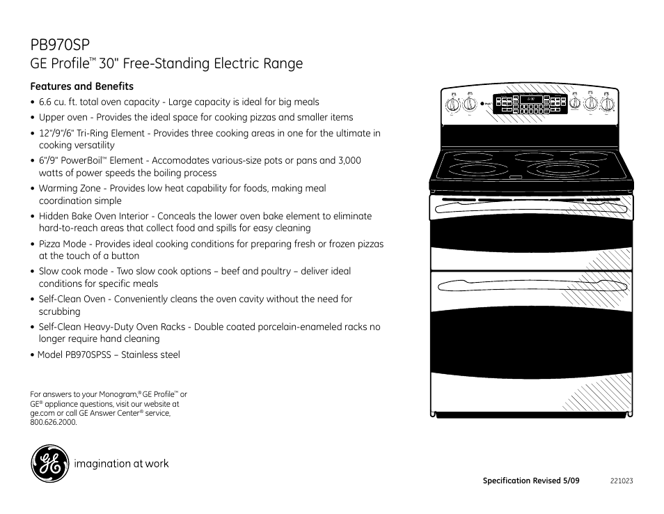 Pb970sp, Ge profile, 30" free-standing electric range | Pb970spss, Features and benefits, Roil, Tart, Izza, Pper, Ower | GE Profile PB970SP User Manual | Page 2 / 2