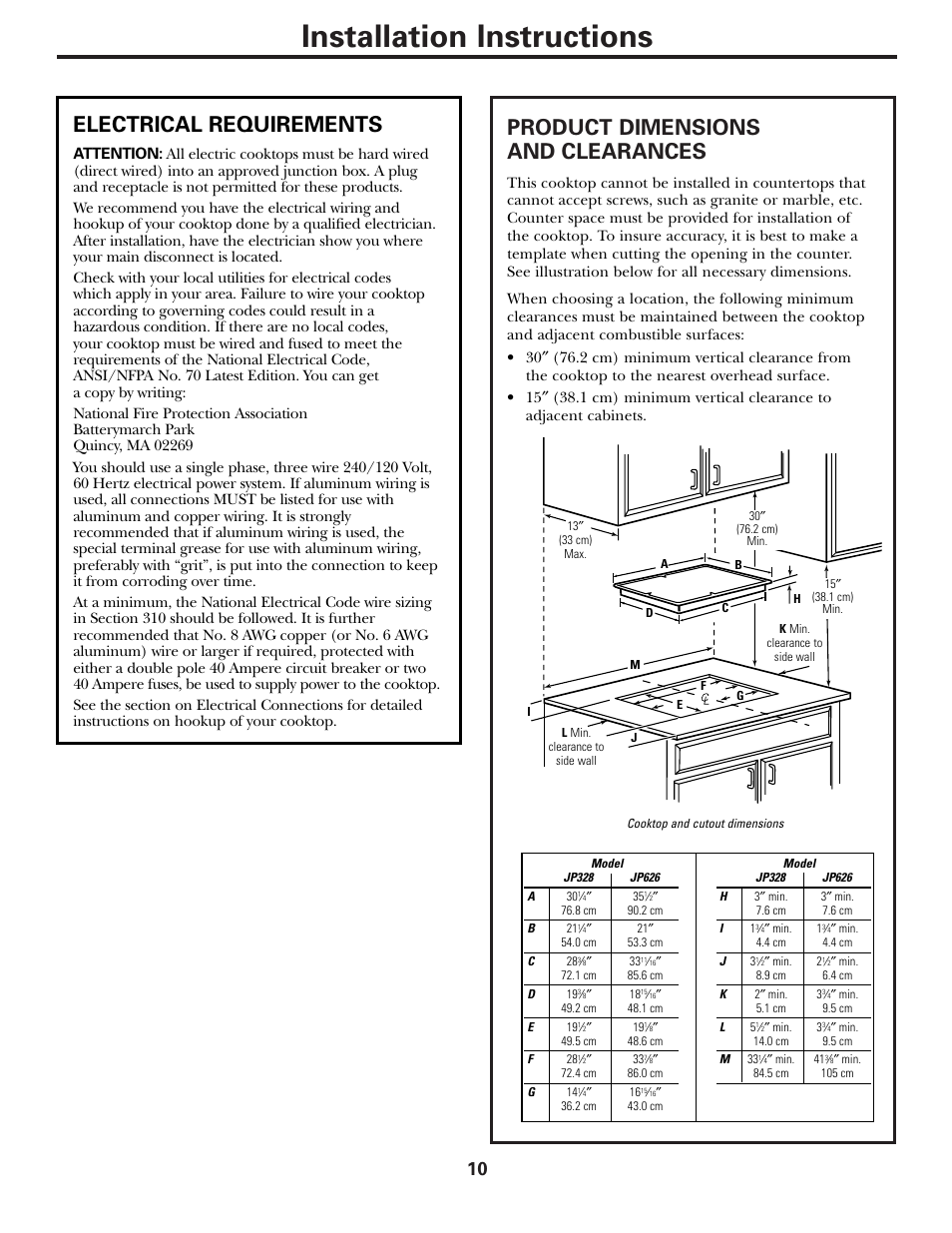 Electrical requirements, Location, Installation instructions | Product dimensions and clearances | GE Electric Built-In JP328 JP626 User Manual | Page 10 / 28