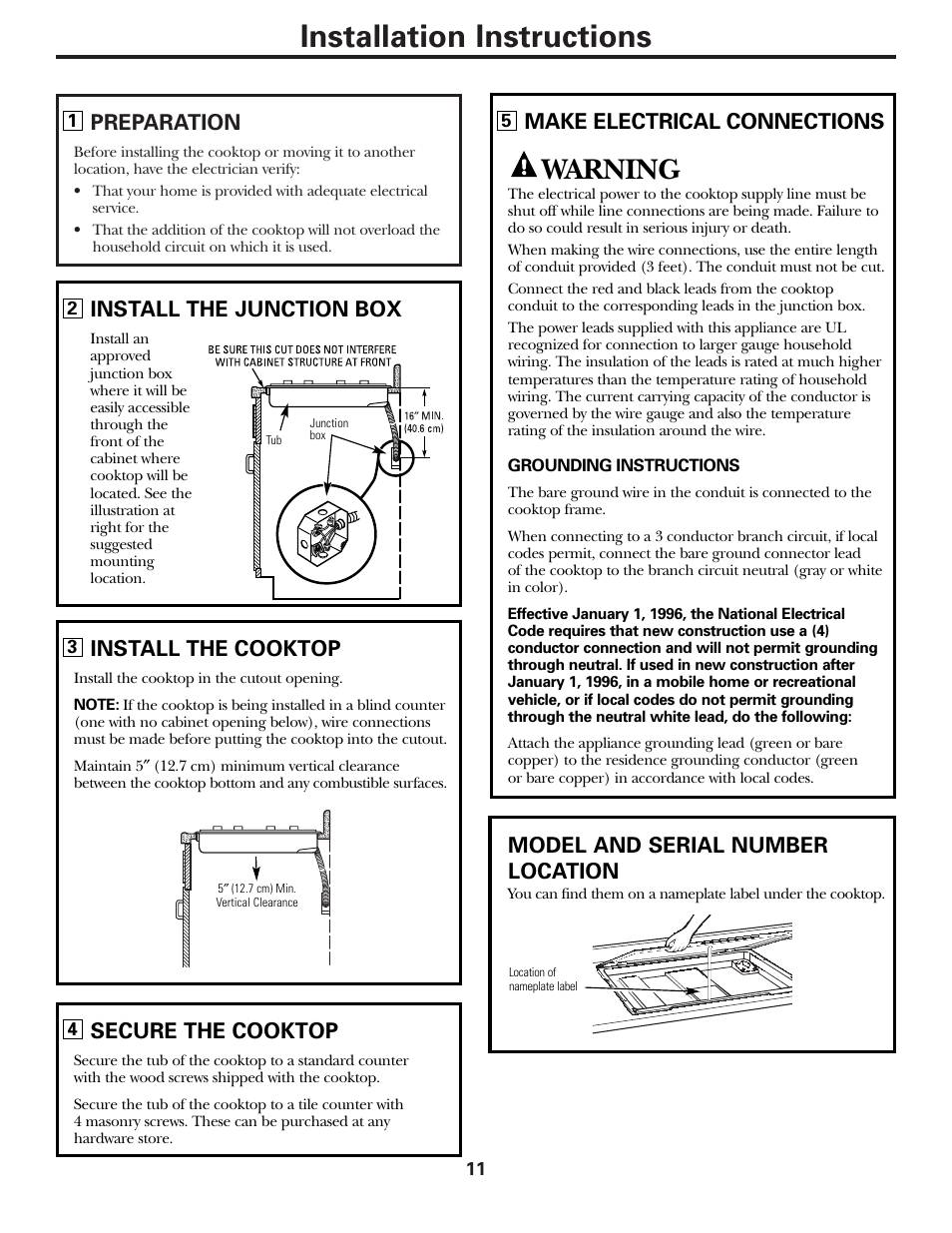 Electrical connections, Installation of the cooktop, Installation instructions | Warning, Preparation, Install the junction box, Install the cooktop, Secure the cooktop, Make electrical connections, Model and serial number location | GE Electric Built-In JP328 JP626 User Manual | Page 11 / 28