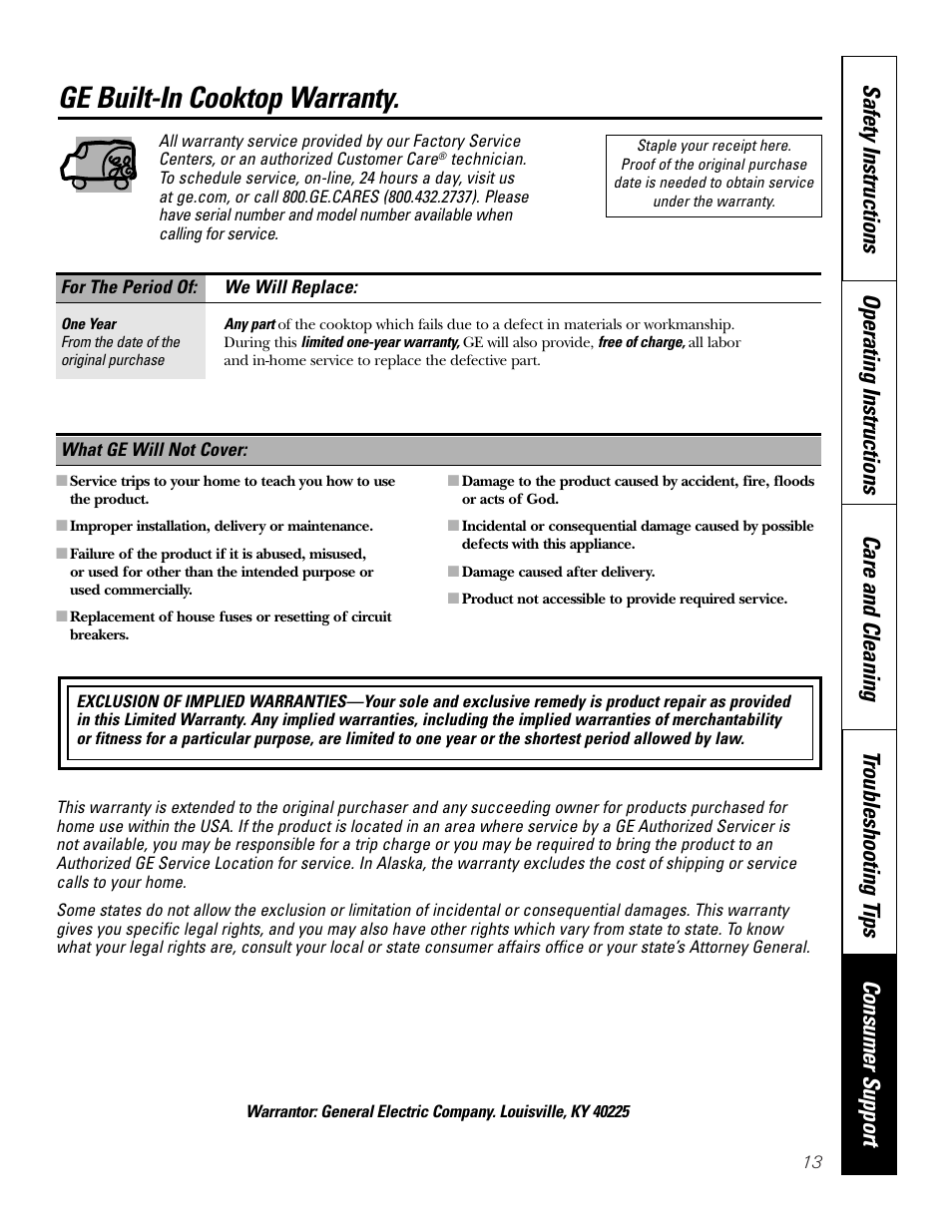 Warranty, Ge built-in cooktop warranty | GE Electric Built-In JP328 JP626 User Manual | Page 13 / 28