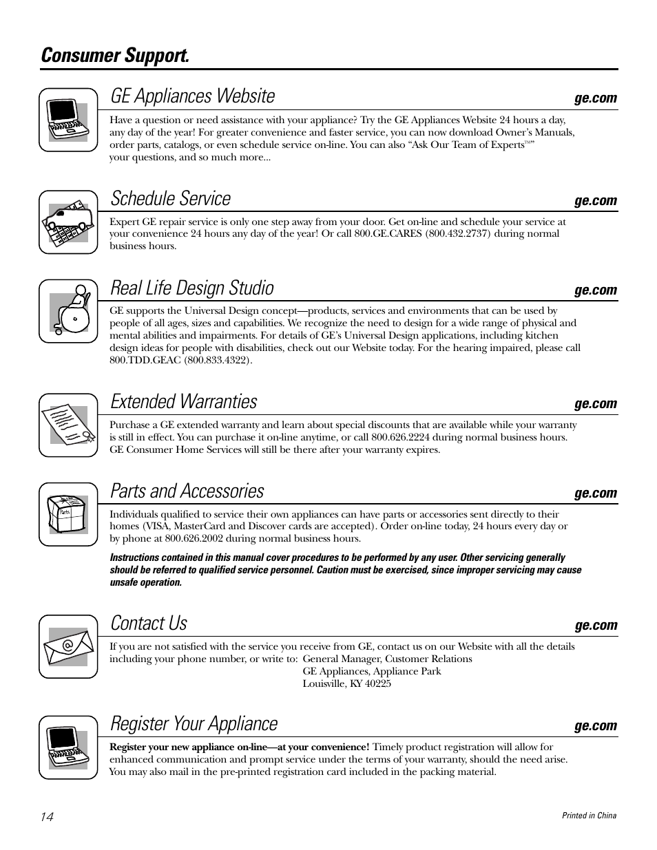 Consumer support, Consumer support. ge appliances website, Schedule service | Real life design studio, Extended warranties, Parts and accessories, Contact us, Register your appliance | GE Electric Built-In JP328 JP626 User Manual | Page 14 / 28