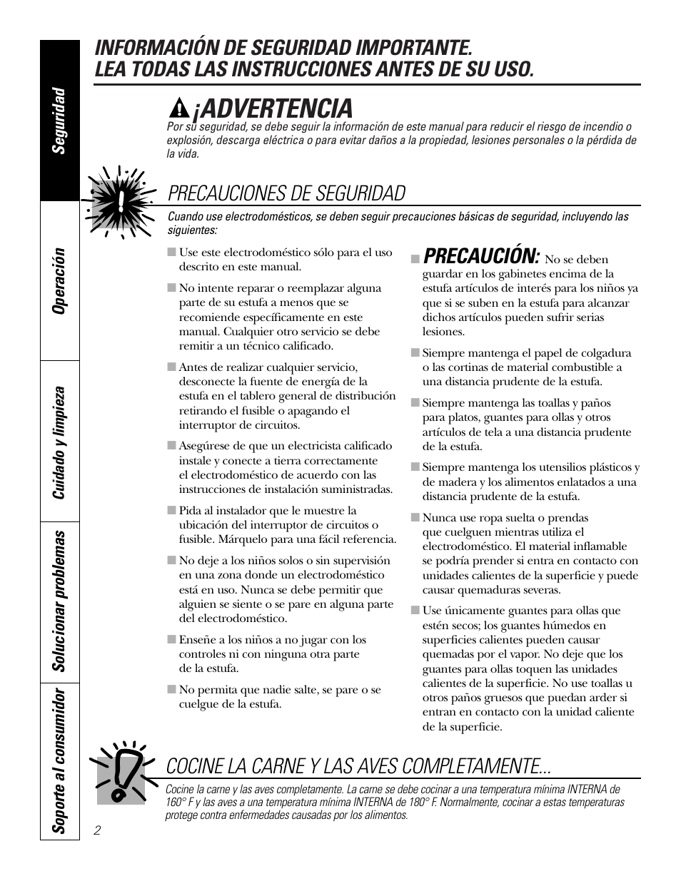 Instrucciones de seguridad, Advertencia, Precaución | Seguridad operación, Solucionar problemas soporte al consumidor | GE Electric Built-In JP328 JP626 User Manual | Page 16 / 28