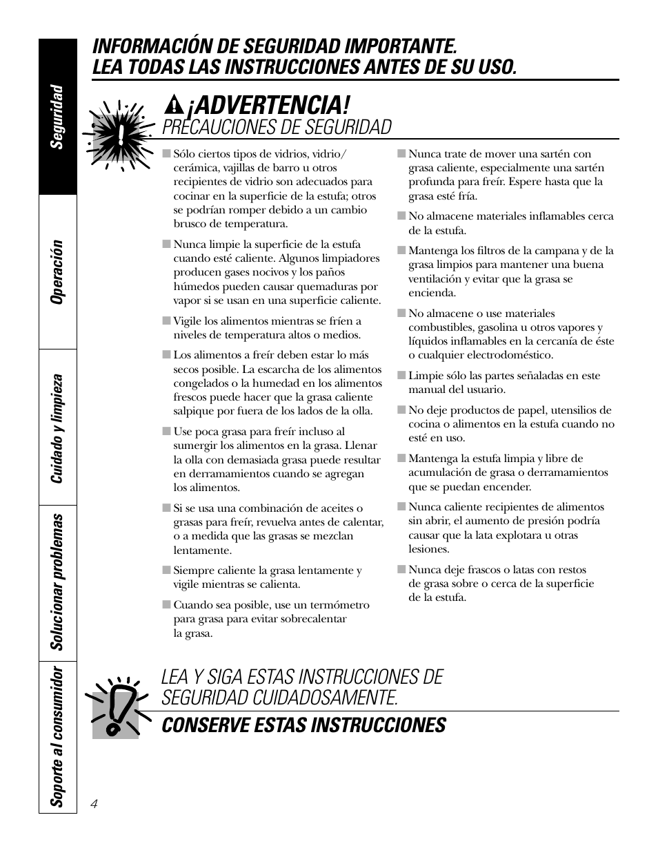 Advertencia, Precauciones de seguridad, Seguridad operación | Solucionar problemas soporte al consumidor | GE Electric Built-In JP328 JP626 User Manual | Page 18 / 28