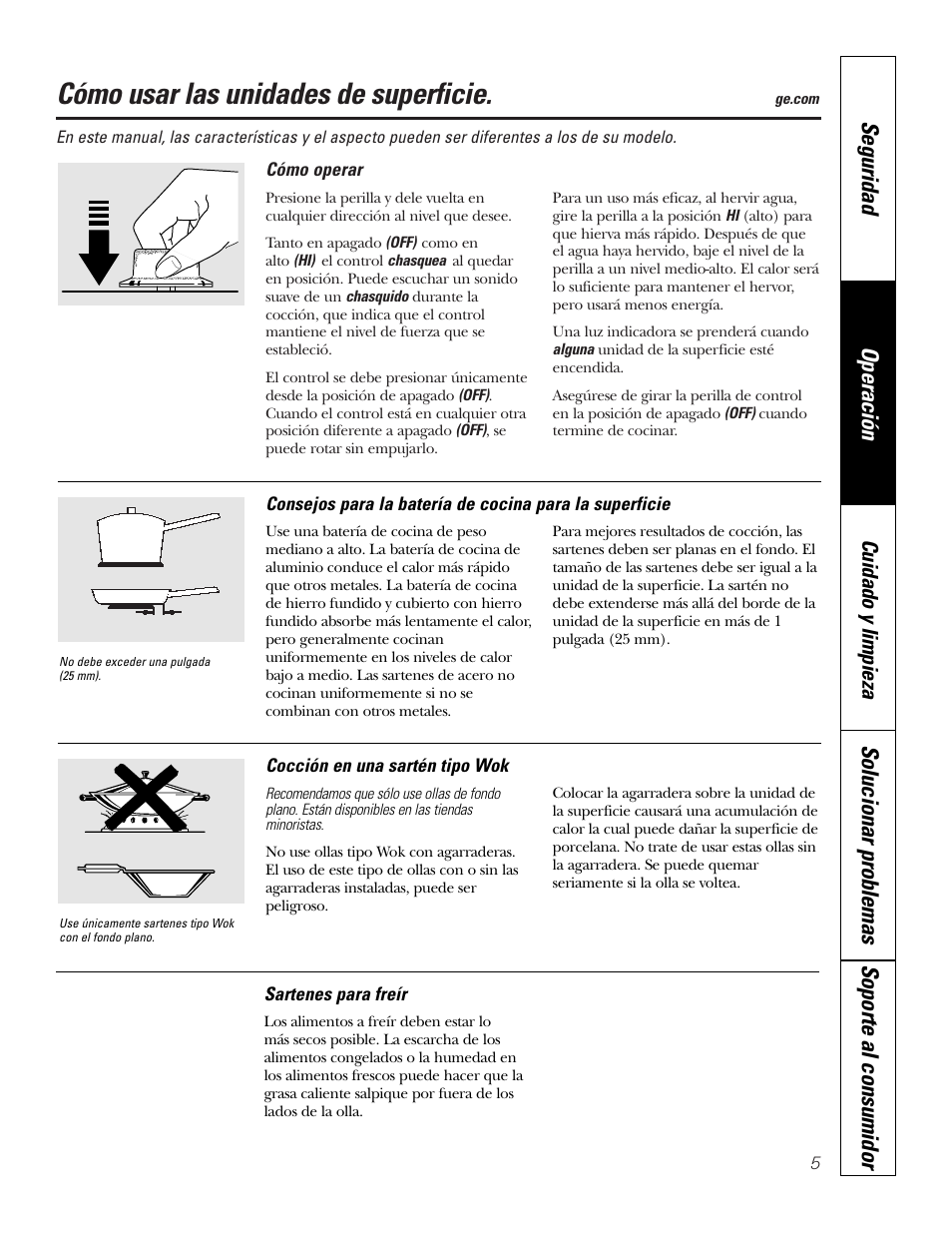 Instrucciones de operación, Cómo usar las unidades de superficie, Seguridad operación | Solucionar problemas soporte al consumidor, Cuidado y limpieza | GE Electric Built-In JP328 JP626 User Manual | Page 19 / 28