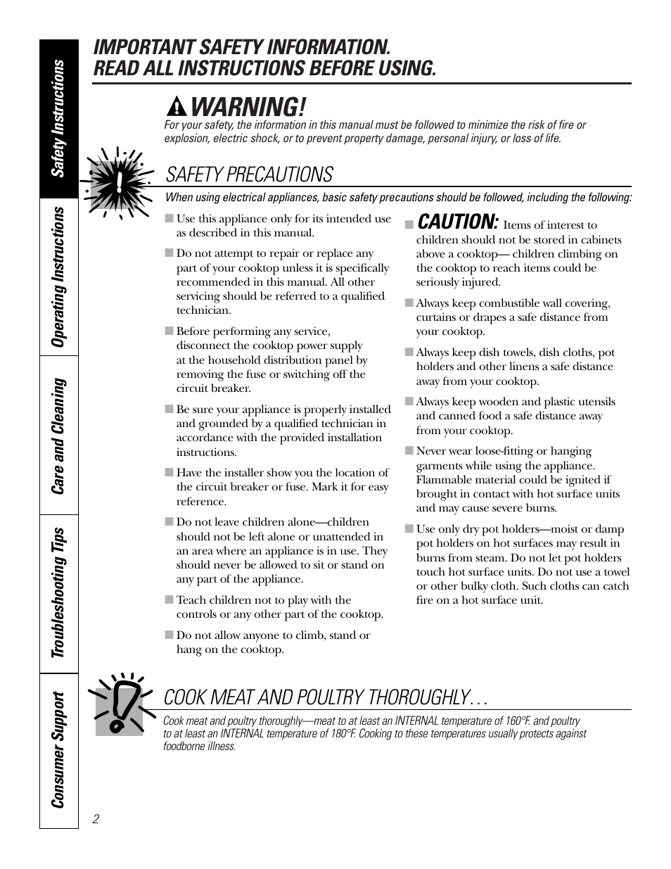 Safety information, Warning, Caution | GE Electric Built-In JP328 JP626 User Manual | Page 2 / 28