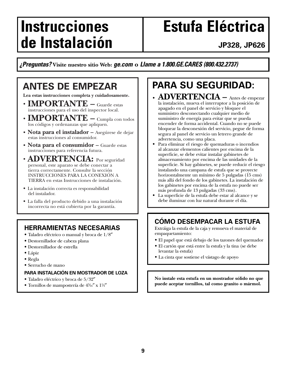 Herramientas necesarias, Instrucciones estufa eléctrica de instalación, Antes de empezar | Para su seguridad, Importante, Advertencia | GE Electric Built-In JP328 JP626 User Manual | Page 23 / 28