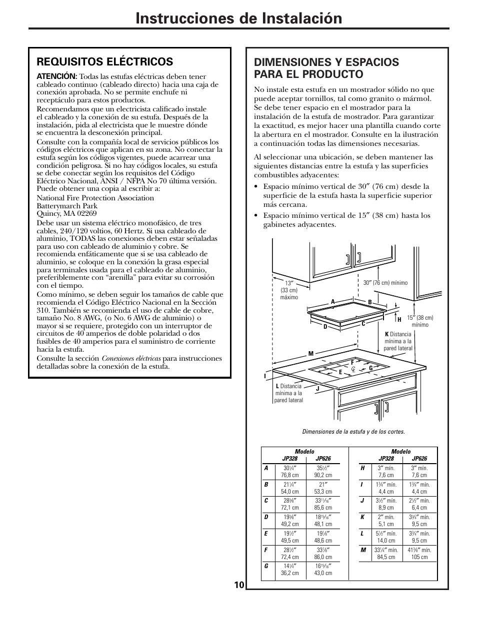 Requisitos eléctricos, Ubicación, Instrucciones de instalación | Dimensiones y espacios para el producto | GE Electric Built-In JP328 JP626 User Manual | Page 24 / 28