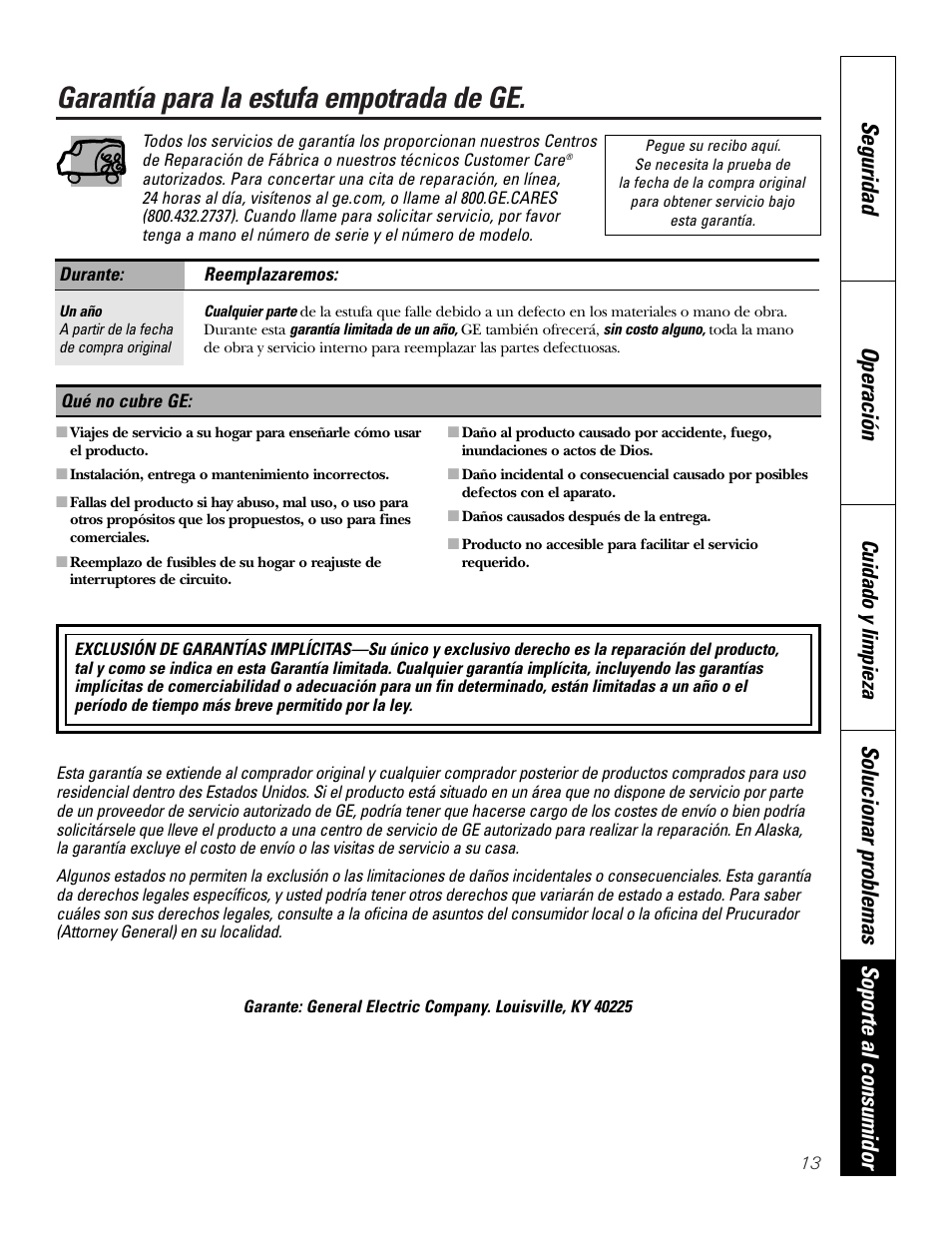 Garantía, Garantía para la estufa empotrada de ge, Seguridad operación | Solucionar problemas soporte al consumidor, Cuidado y limpieza | GE Electric Built-In JP328 JP626 User Manual | Page 27 / 28