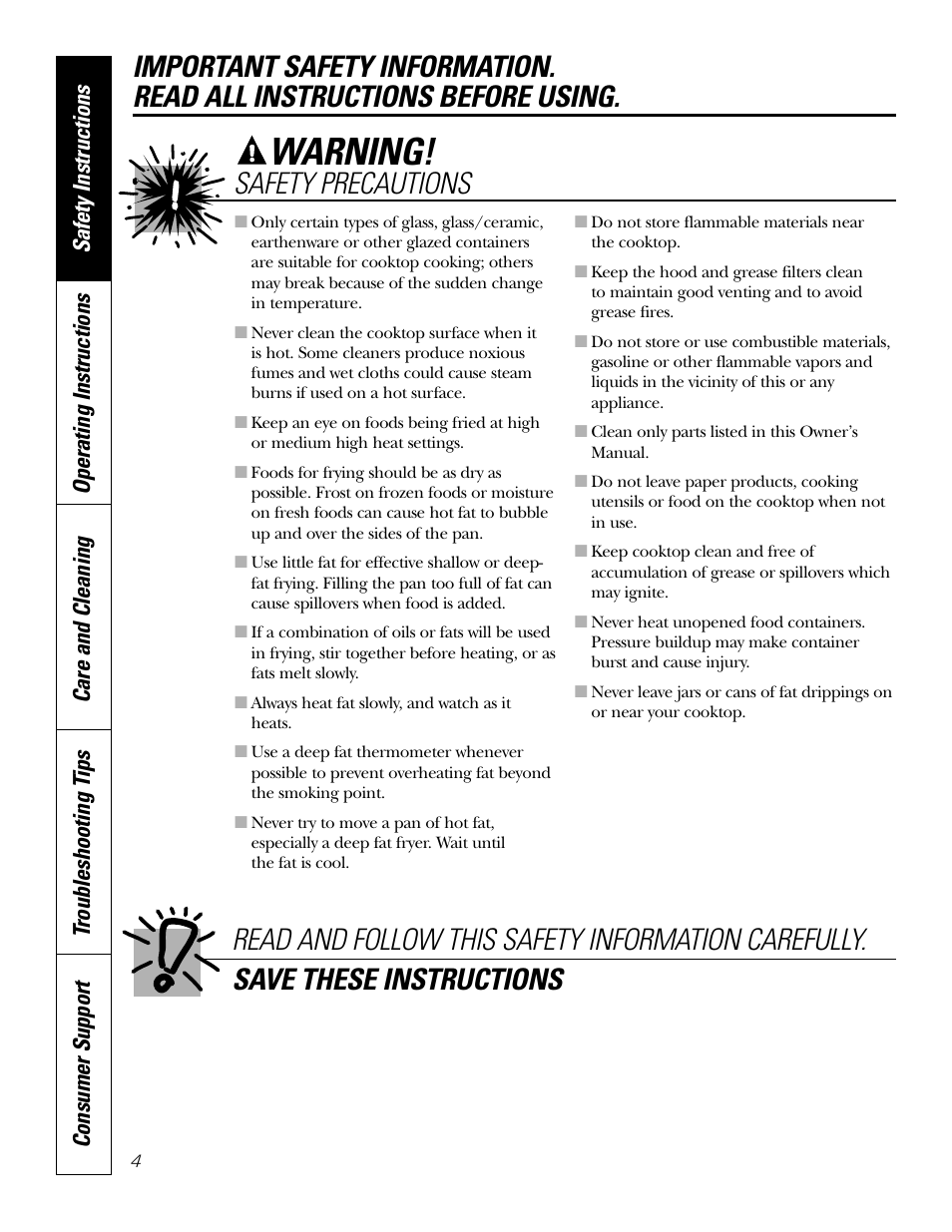 Warning, Safety precautions | GE Electric Built-In JP328 JP626 User Manual | Page 4 / 28