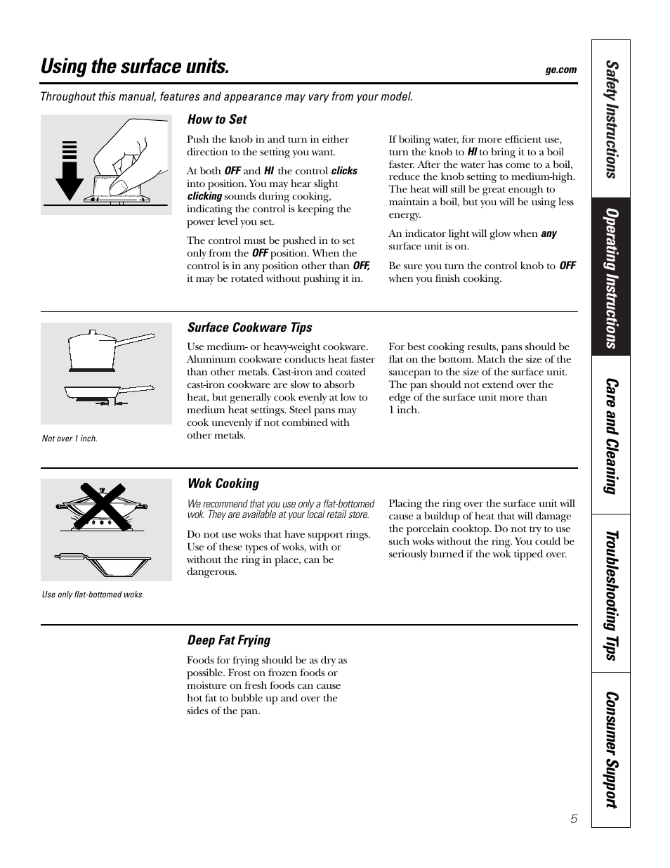 Operating instructions, Using the surface units | GE Electric Built-In JP328 JP626 User Manual | Page 5 / 28