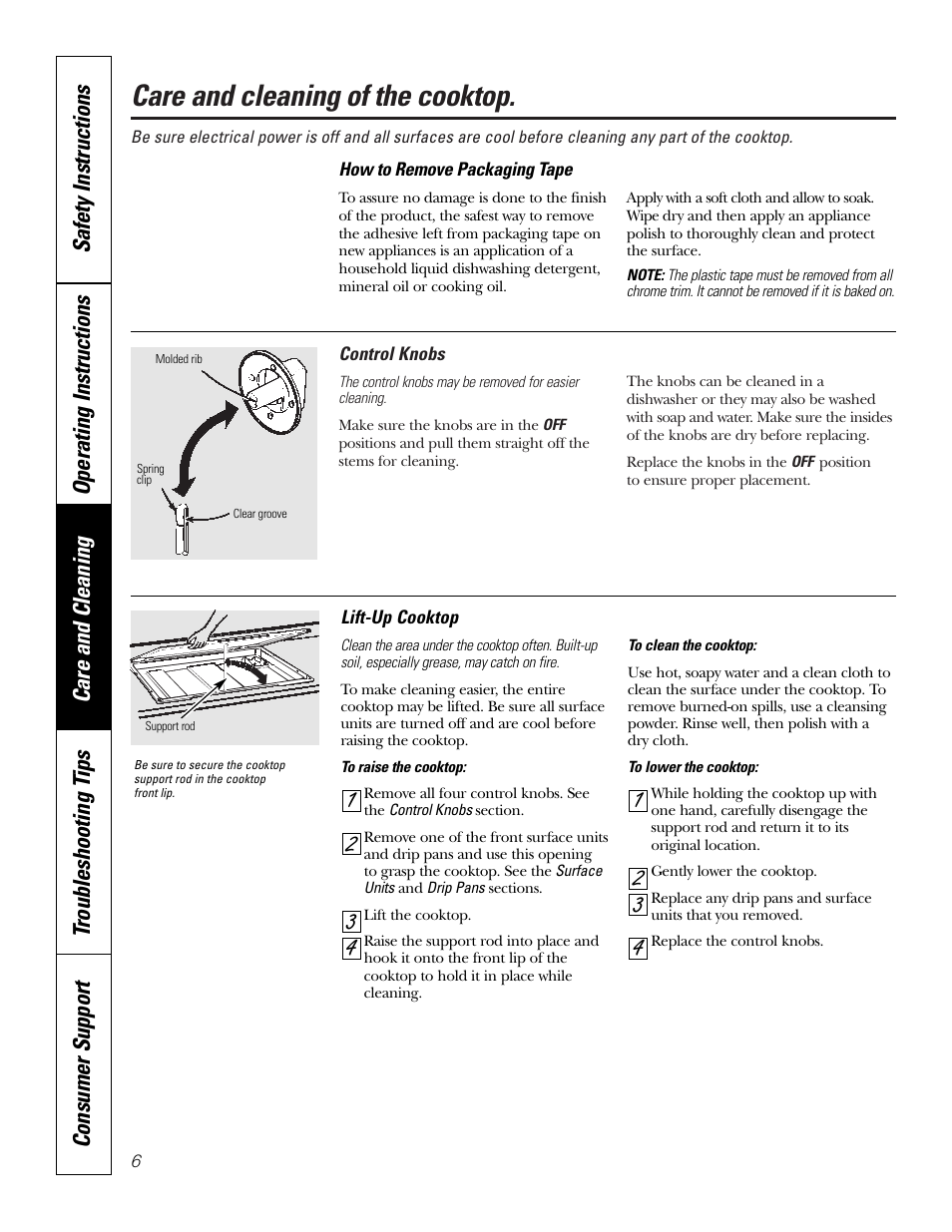 Control knobs, Lift-up cooktop, Packaging tape | Care and cleaning of the cooktop | GE Electric Built-In JP328 JP626 User Manual | Page 6 / 28
