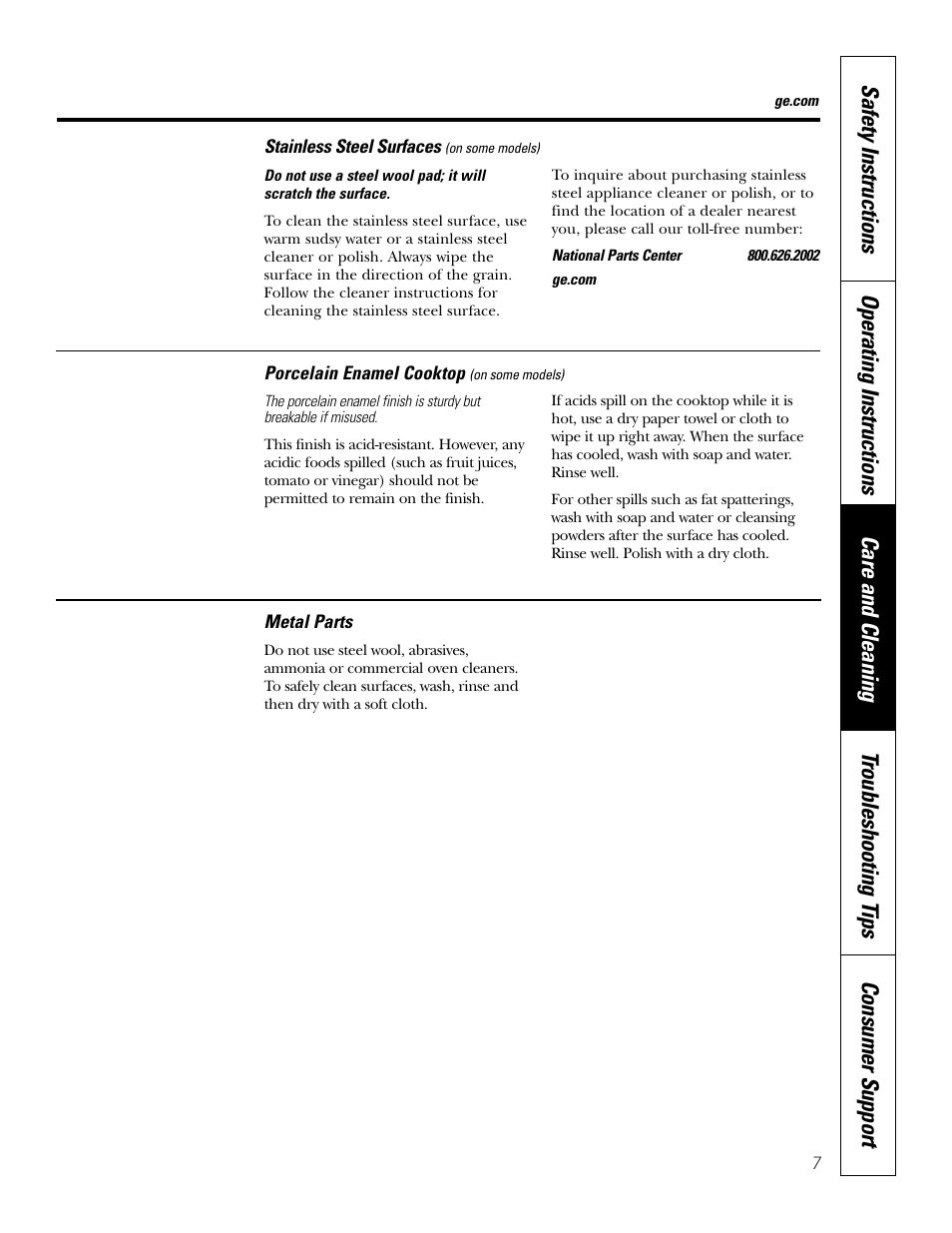 Metal parts, Porcelain enamel cooktop, Stainless steel cooktop | Porcelain enamel cooktop stainless steel cooktop | GE Electric Built-In JP328 JP626 User Manual | Page 7 / 28