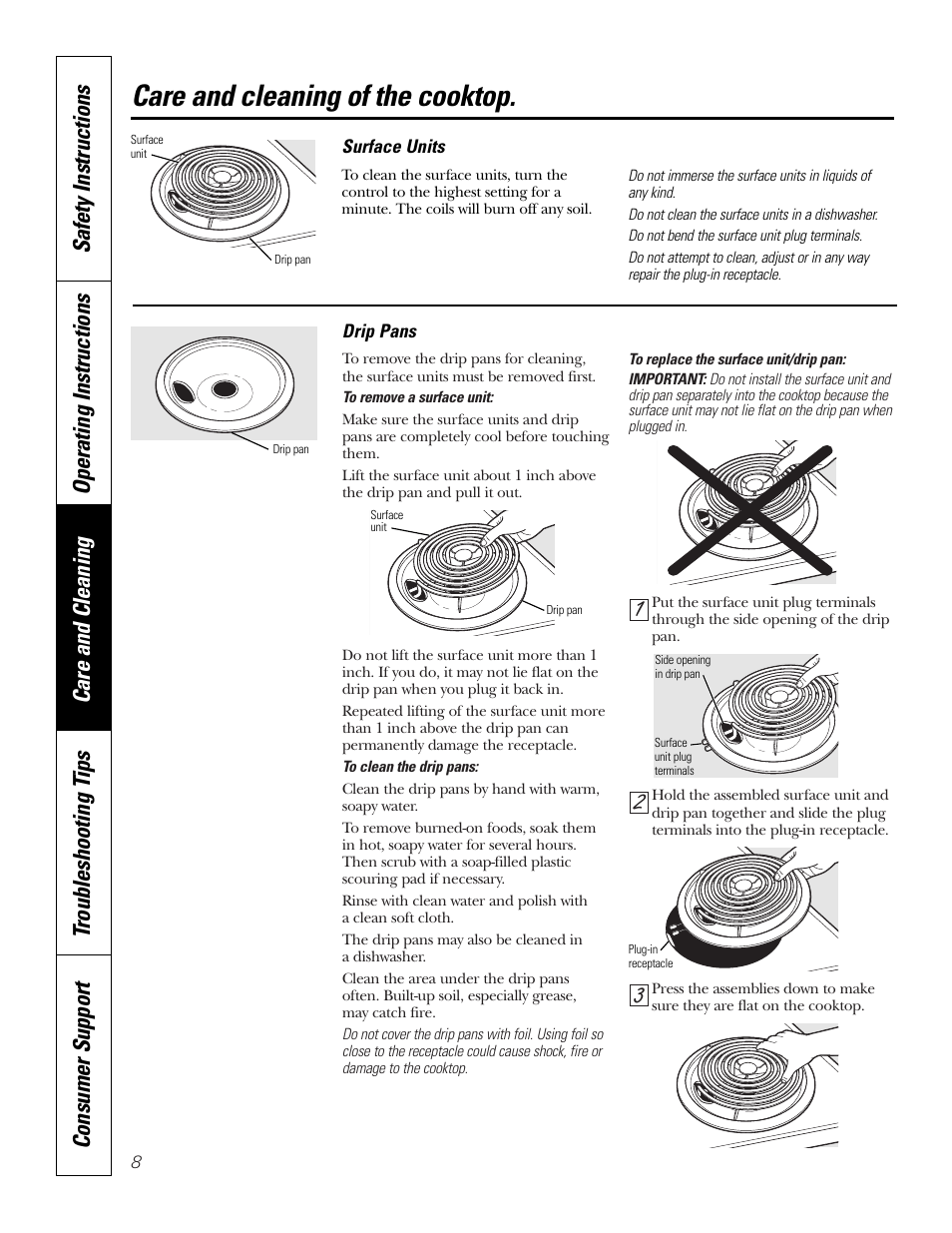 Drip pans, Surface units, Care and cleaning of the cooktop | GE Electric Built-In JP328 JP626 User Manual | Page 8 / 28