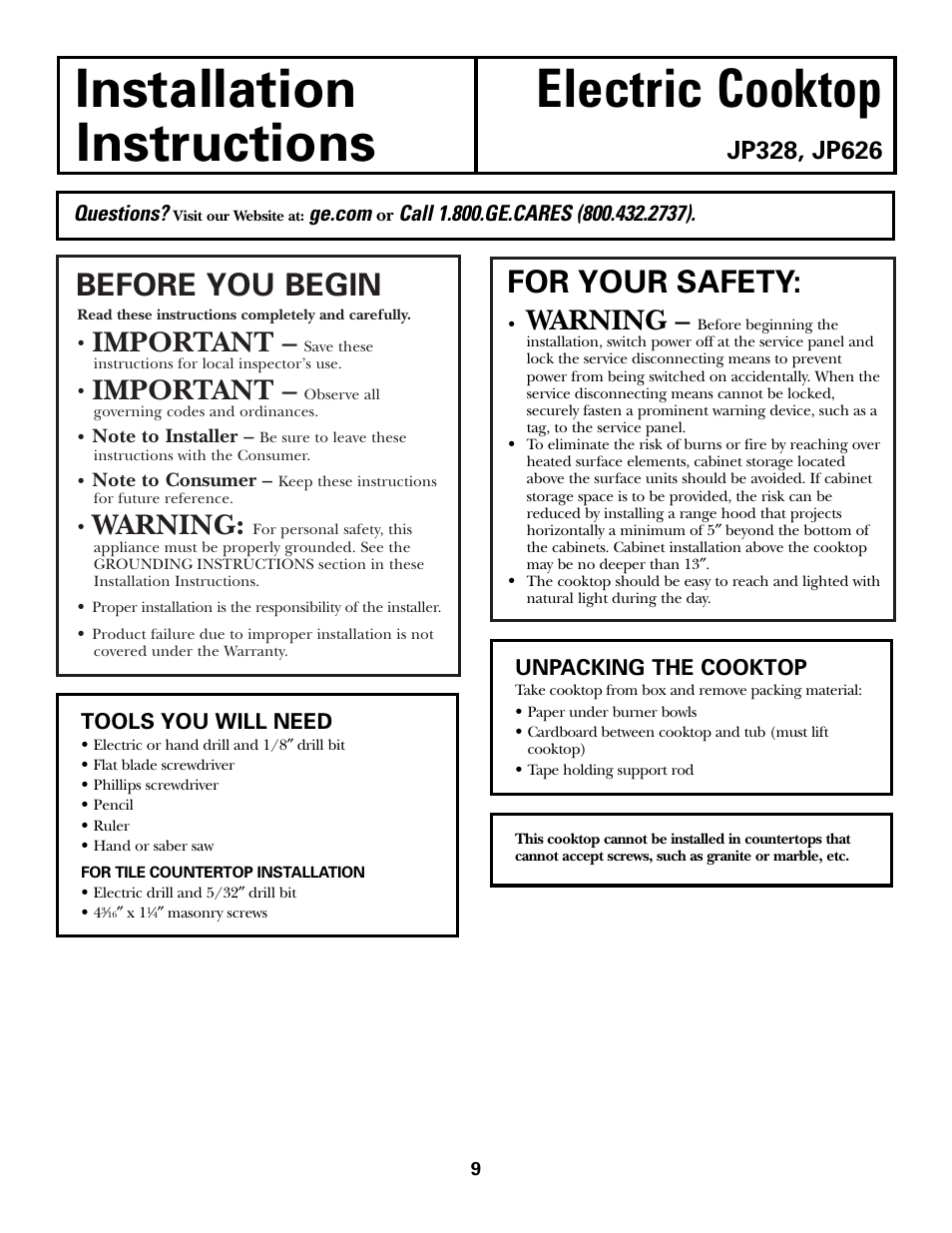 Tools you will need, Installation electric cooktop instructions, Before you begin | For your safety, Important, Warning | GE Electric Built-In JP328 JP626 User Manual | Page 9 / 28