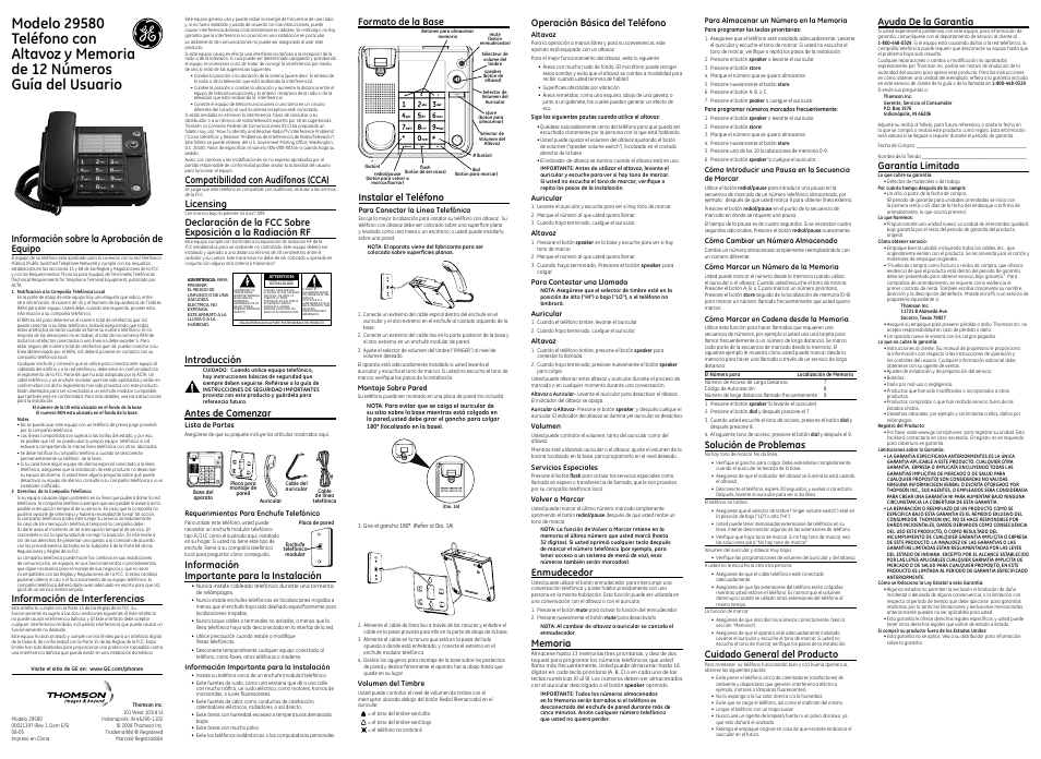 Introducción, Antes de comenzar, Compatibilidad con audífonos (cca) | Licensing, Información sobre la aprobación de equipo, Información de interferencias, Operación básica del teléfono, Enmudecedor, Ayuda de la garantía, Garantía limitada | GE 00021397 User Manual | Page 2 / 2