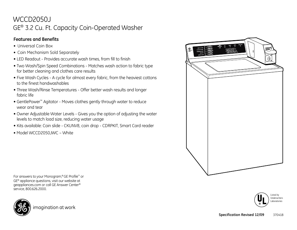 Wccd2050j, Ge® 3.2 cu. ft. capacity coin-operated washer, Features and benefits | Imagination at work | GE WCCD2050JWC User Manual | Page 2 / 2
