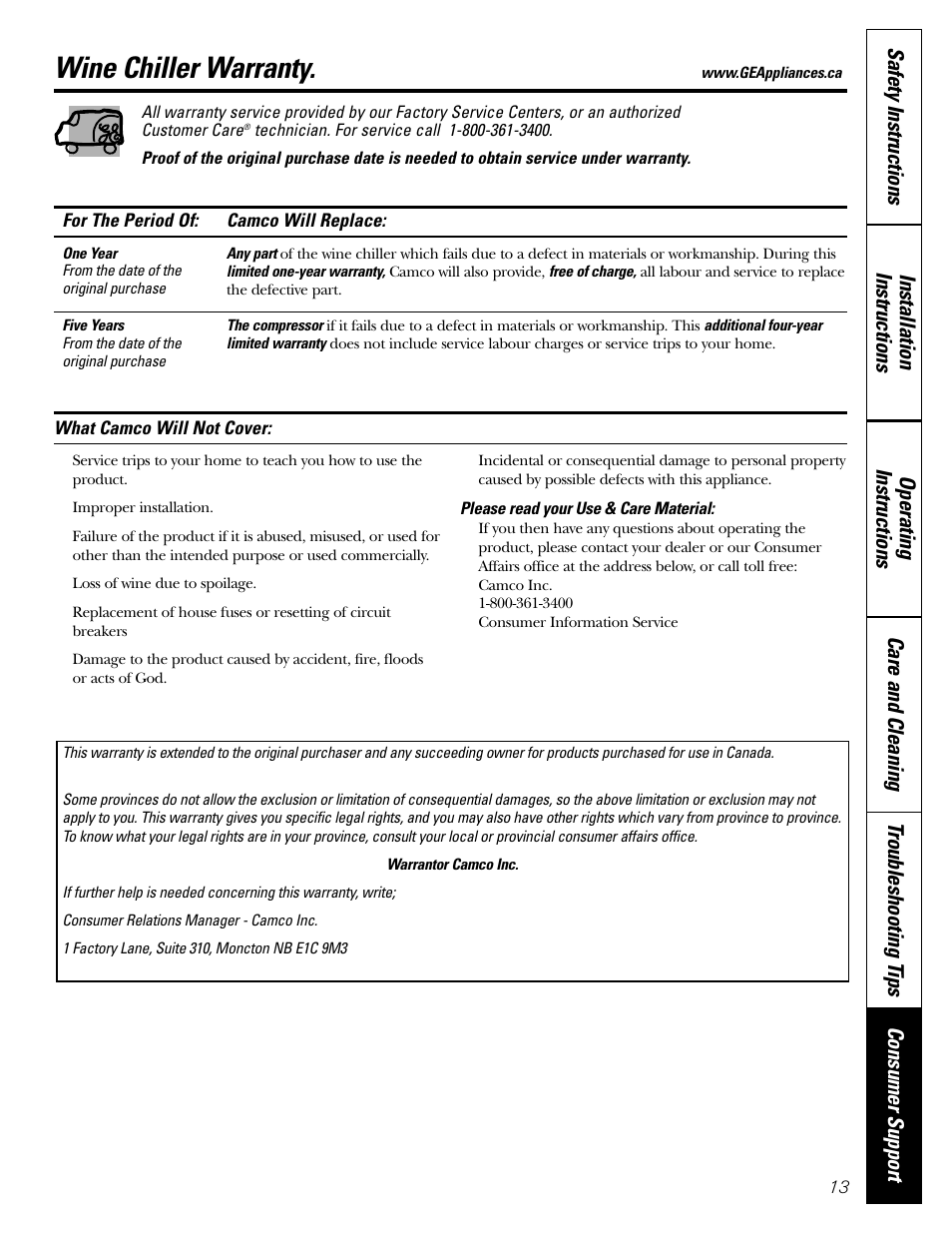 Wine chiller warranty | GE 3504502P327 User Manual | Page 13 / 14