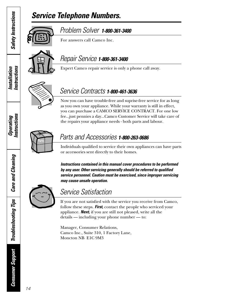 Service telephone numbers, Problem solver, Repair service | Service contracts, Parts and accessories, Service satisfaction | GE 3504502P327 User Manual | Page 14 / 14