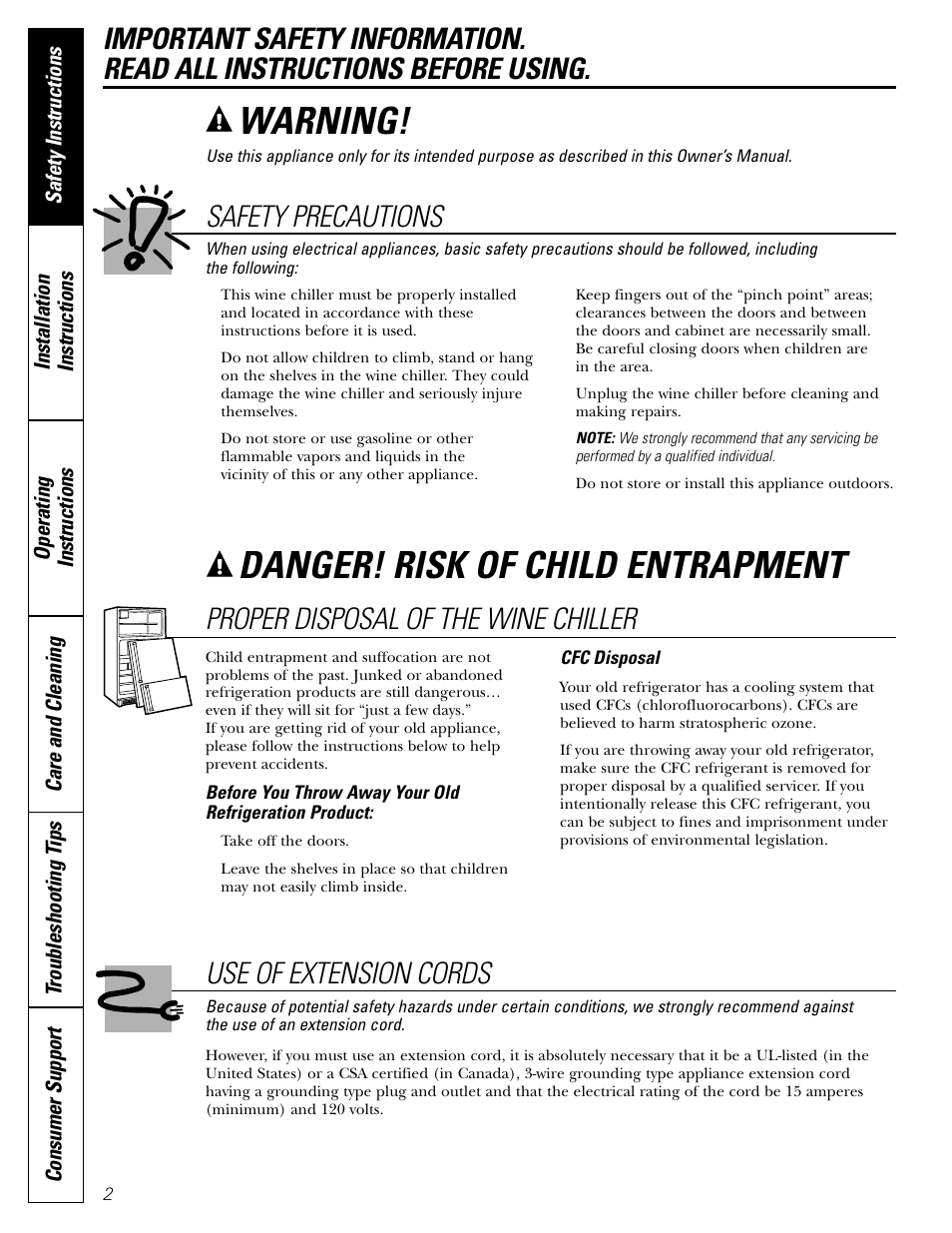 Danger! risk of child entrapment, Warning, Proper disposal of the wine chiller | Use of extension cords, Safety precautions | GE 3504502P327 User Manual | Page 2 / 14