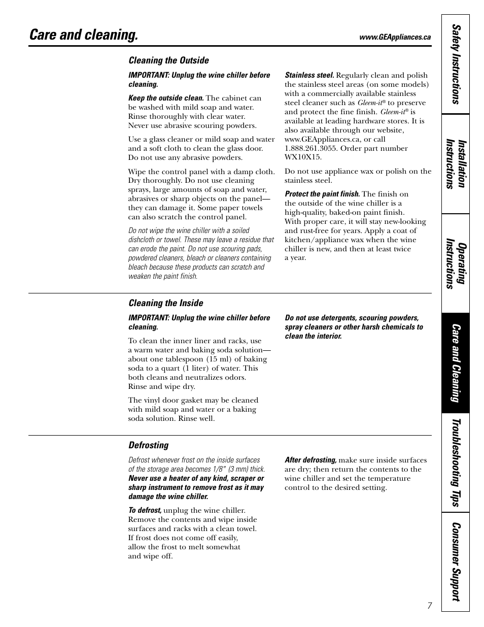 Care and cleaning | GE 3504502P327 User Manual | Page 7 / 14