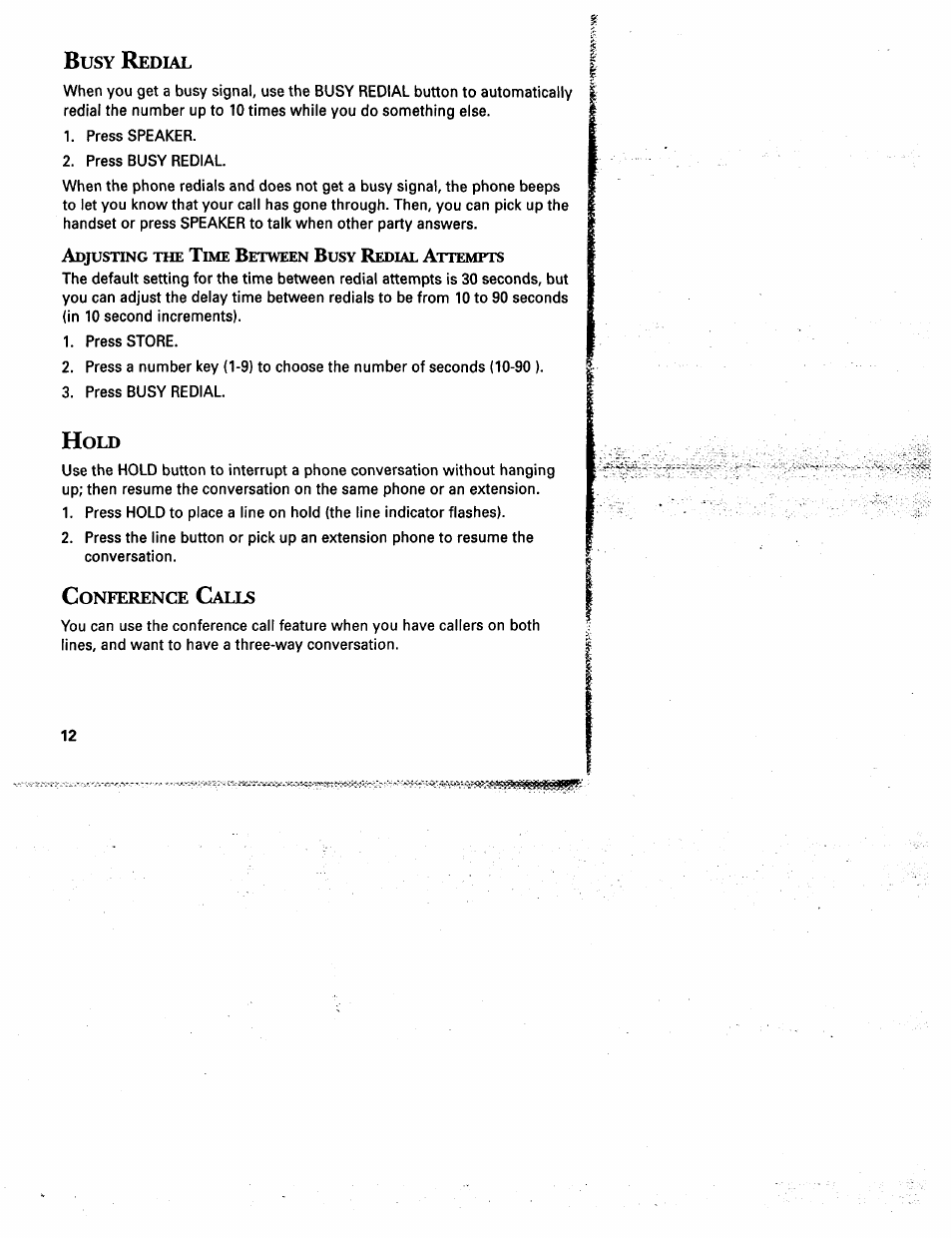 Busy redial, Hold, Conference calls | Edial, Onference, Alls | GE 2-9975 User Manual | Page 14 / 32