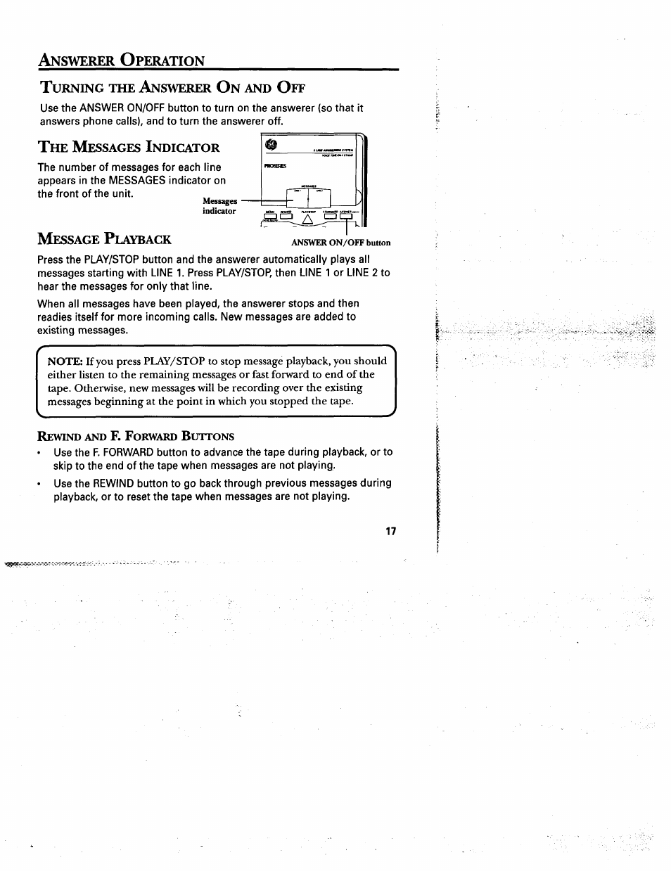 Answerer operation, Turning the answerer on and off, The messages indicator | Nswerer, Peration, Urning, Essages, Ndicator, Essage, Layback | GE 2-9975 User Manual | Page 19 / 32