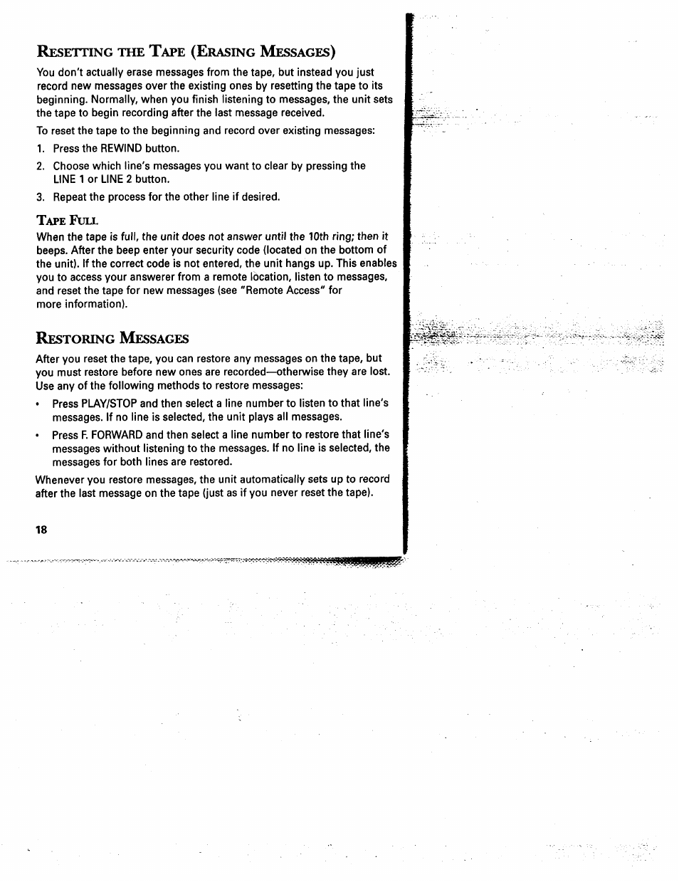 Resetting the tape (erasing messages), Restoring messages, Esetting | Rasing, Essages, Estoring | GE 2-9975 User Manual | Page 20 / 32