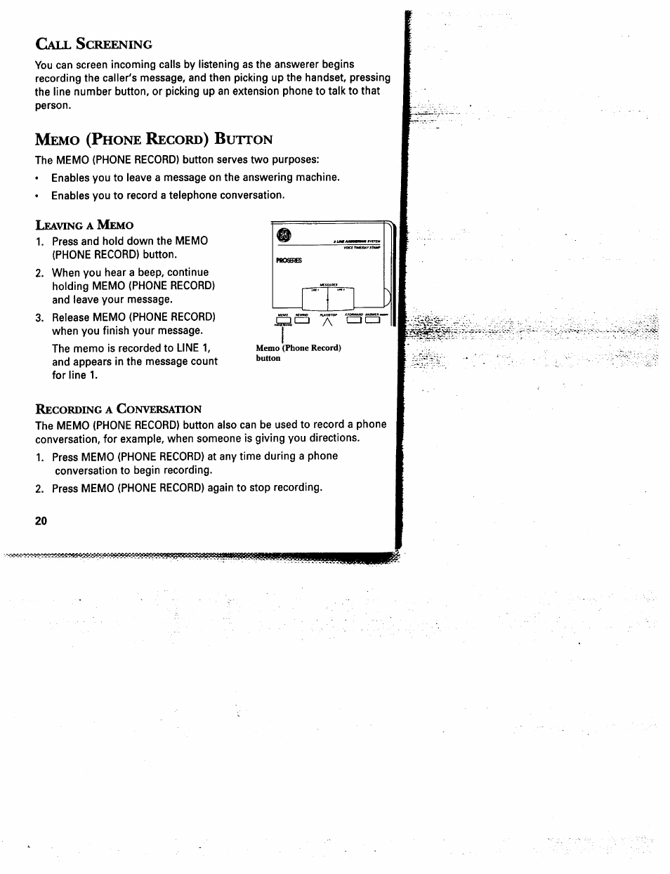 Call screening, Memo (phone record) button, Creening | Hone, Ecord, Utton | GE 2-9975 User Manual | Page 22 / 32