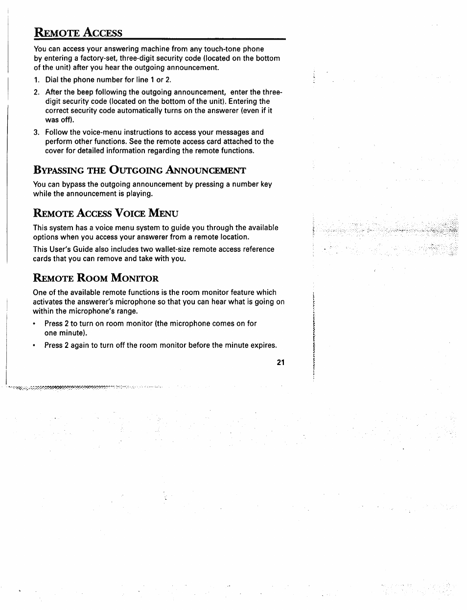 Remote access, Bypassing the outgoing announcement, Remote access voice menu | Remote room monitor, Emote, Ccess, Ypassing, Utgoing, Nnouncement, Oice | GE 2-9975 User Manual | Page 23 / 32