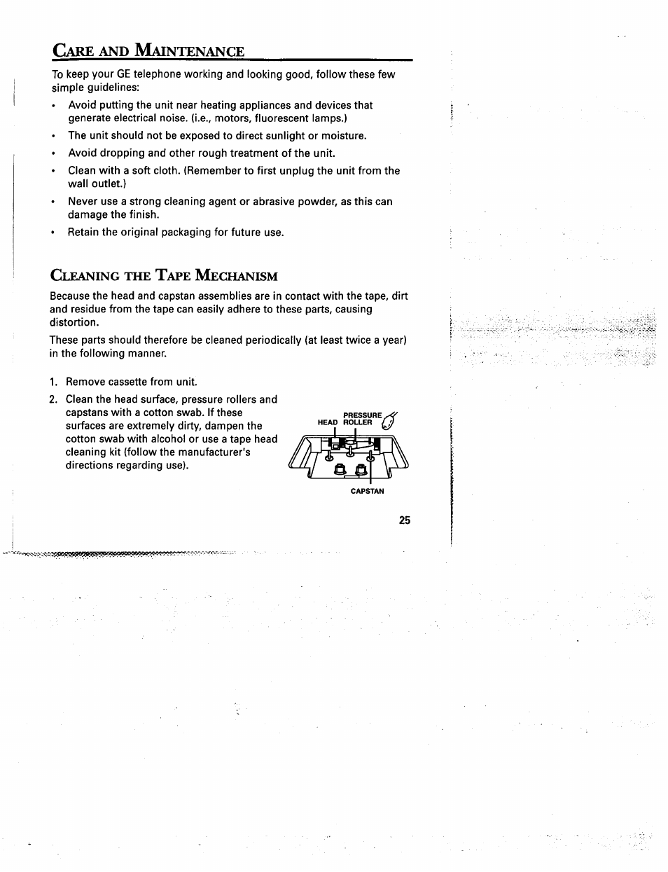 Care and maintenance, Cleaning the tape mechanism, Aintenance | Leaning, Echanism | GE 2-9975 User Manual | Page 27 / 32