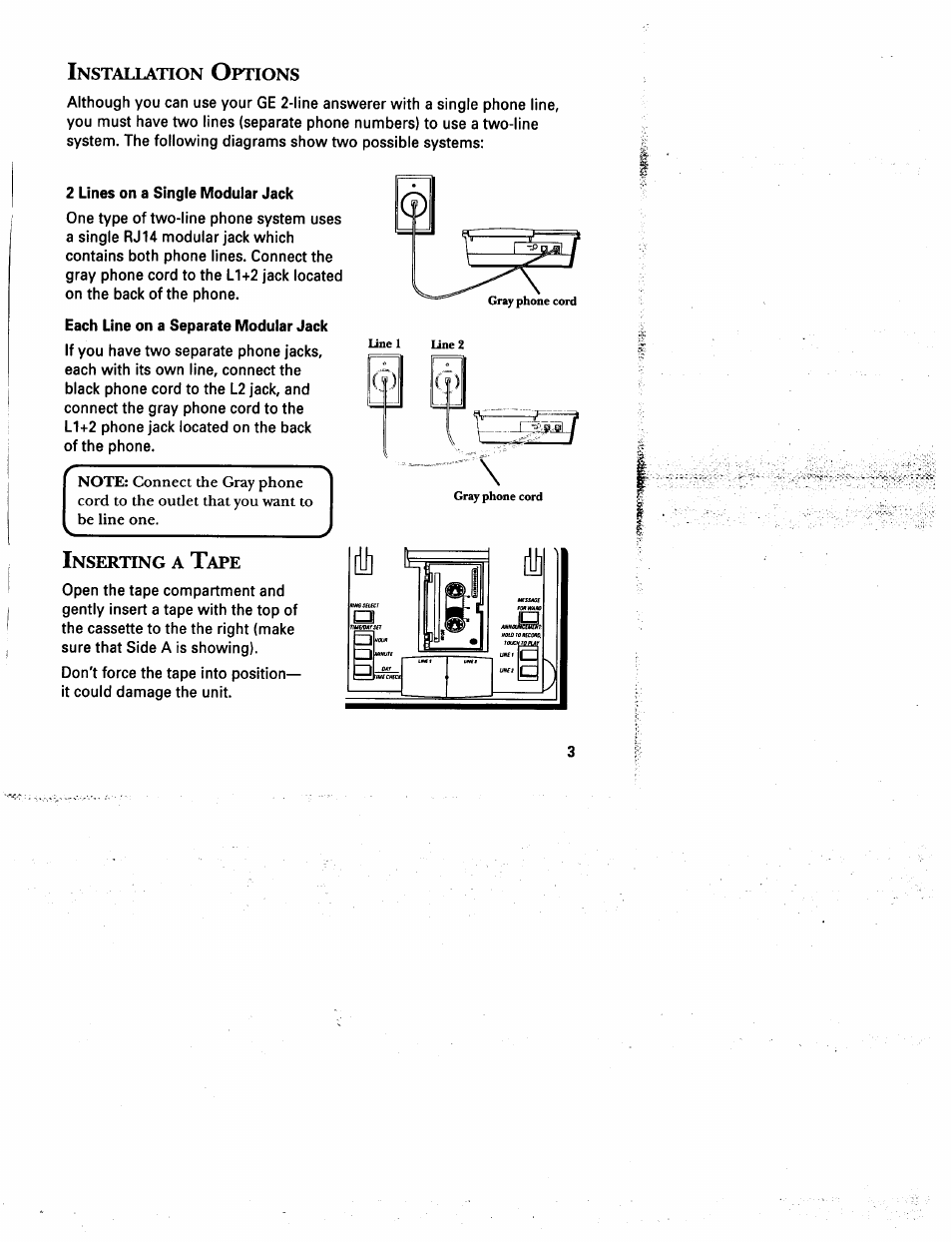 Installation options, Inserting a tape, Nstallation | Ptions, 2 lines on a single modular jack, Each line on a separate modular jack, Nserting | GE 2-9975 User Manual | Page 5 / 32