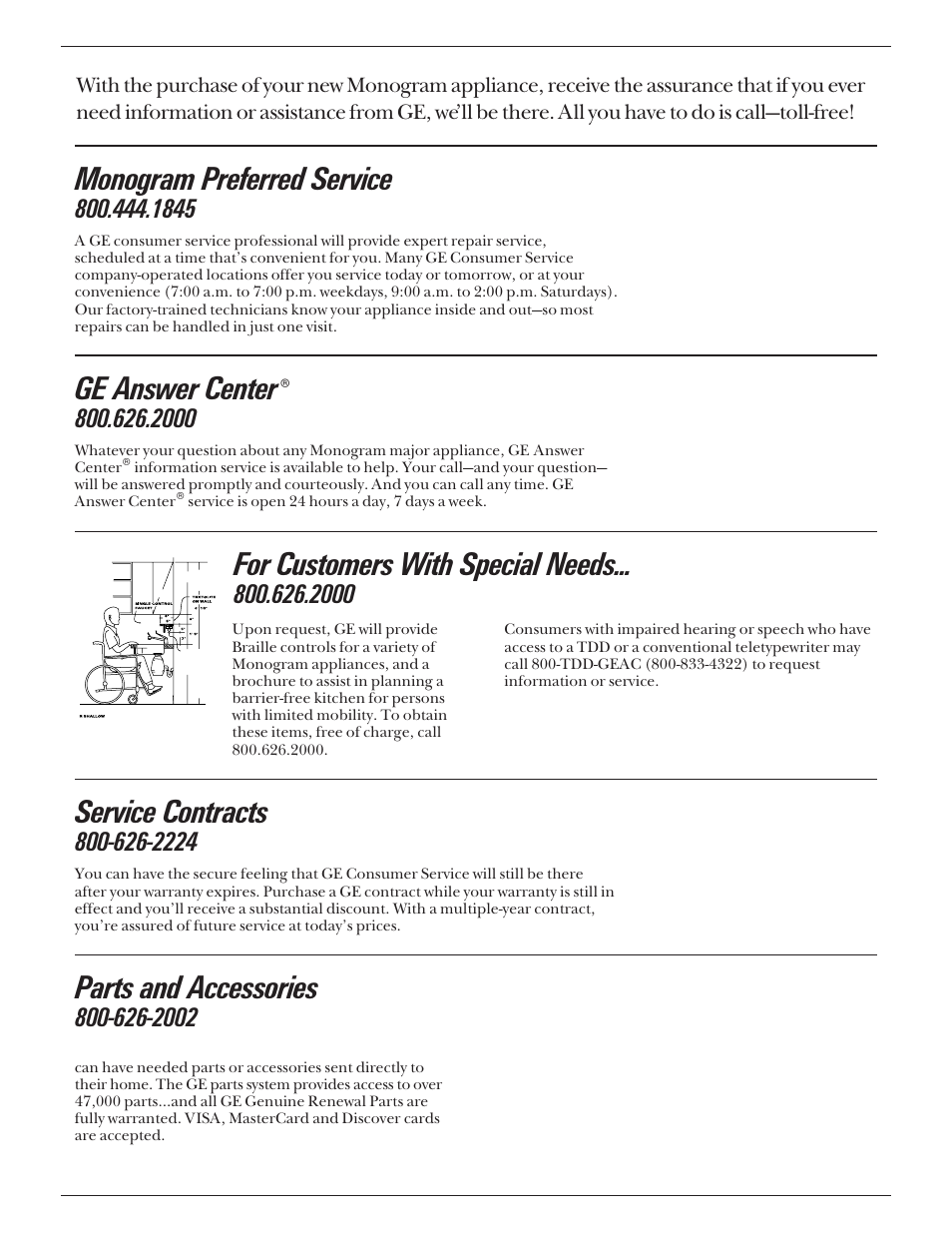 Consumer services, Parts and accessories, Monogram preferred service | Ge answer center, Service contracts, For customers with special needs | GE Monogram Compactor User Manual | Page 11 / 12