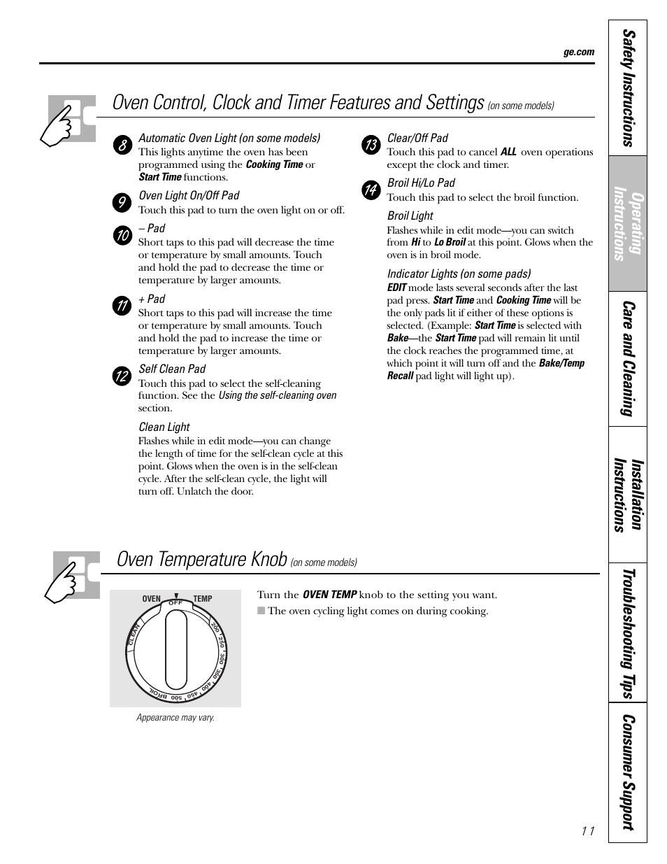 Oven temperature knob | GE JGBP31 User Manual | Page 11 / 56