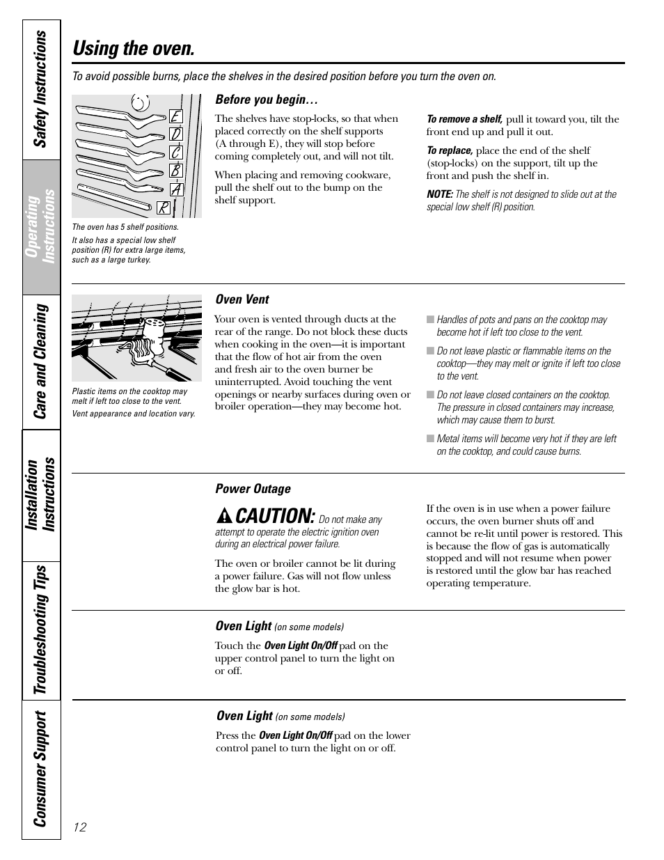 Power outage, Power outage , 16, Using the oven | Caution | GE JGBP31 User Manual | Page 12 / 56