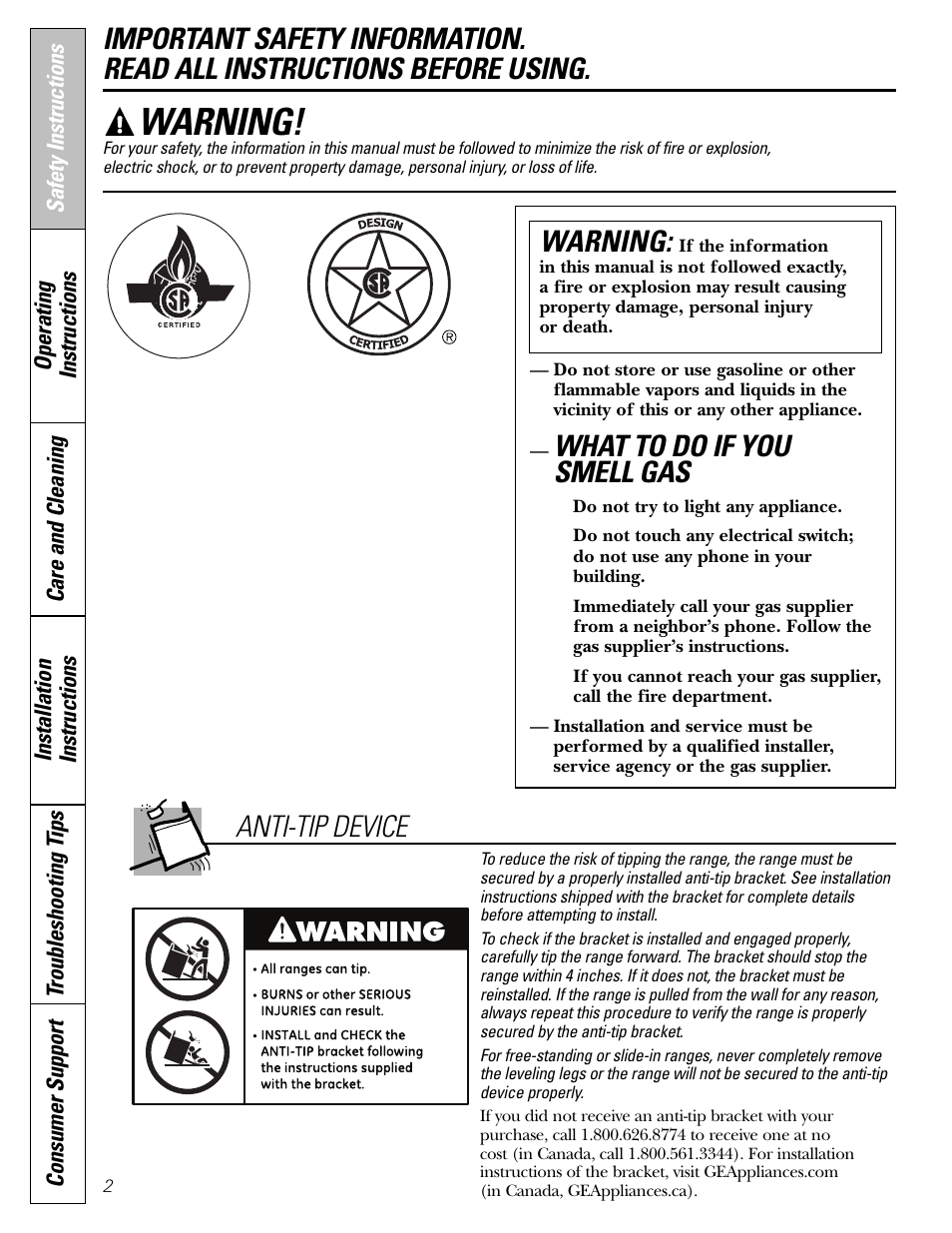 Safety instructions, What to do if you smell gas, Warning | Anti-tip device | GE JGBP31 User Manual | Page 2 / 56