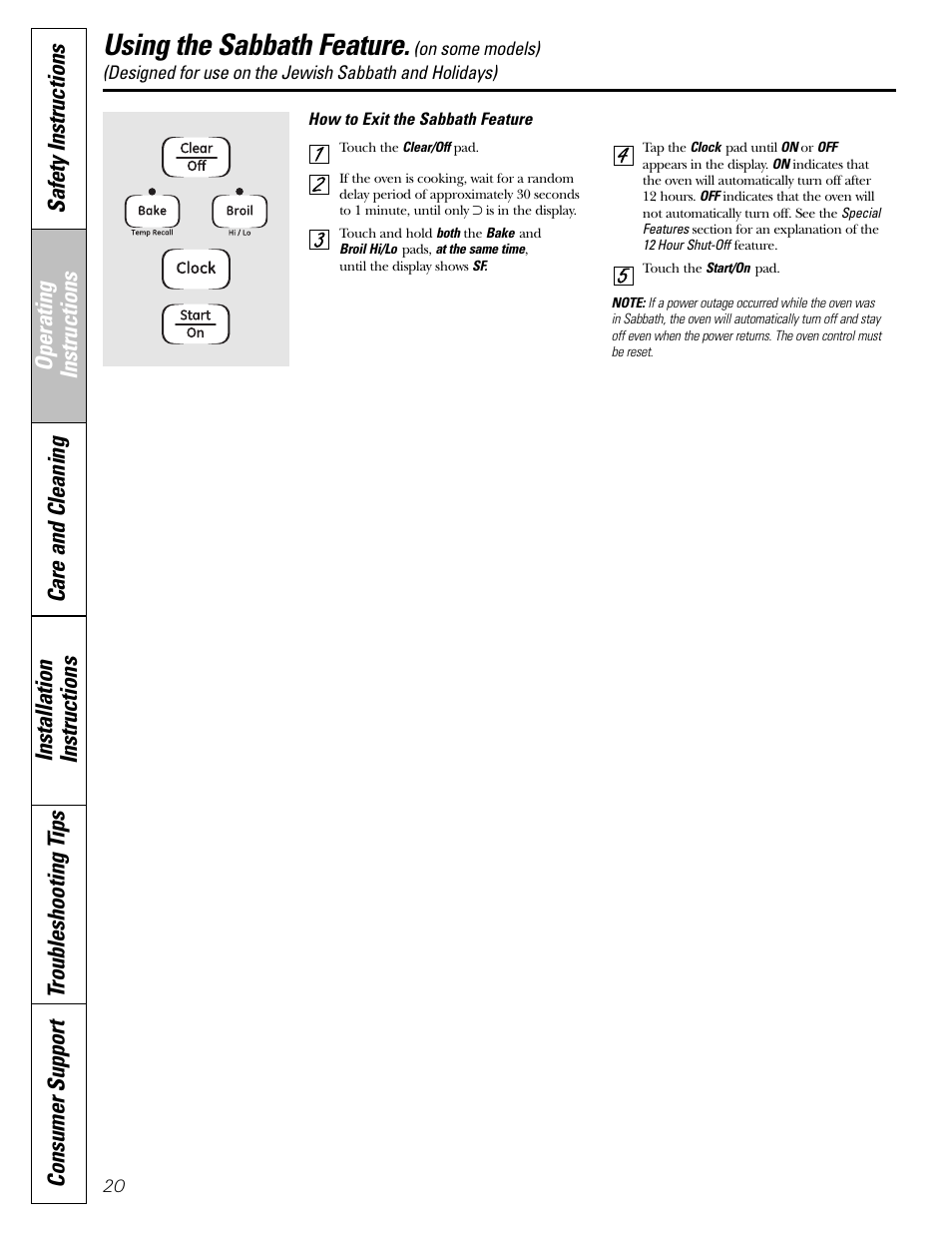 Using the sabbath feature | GE JGBP31 User Manual | Page 20 / 56