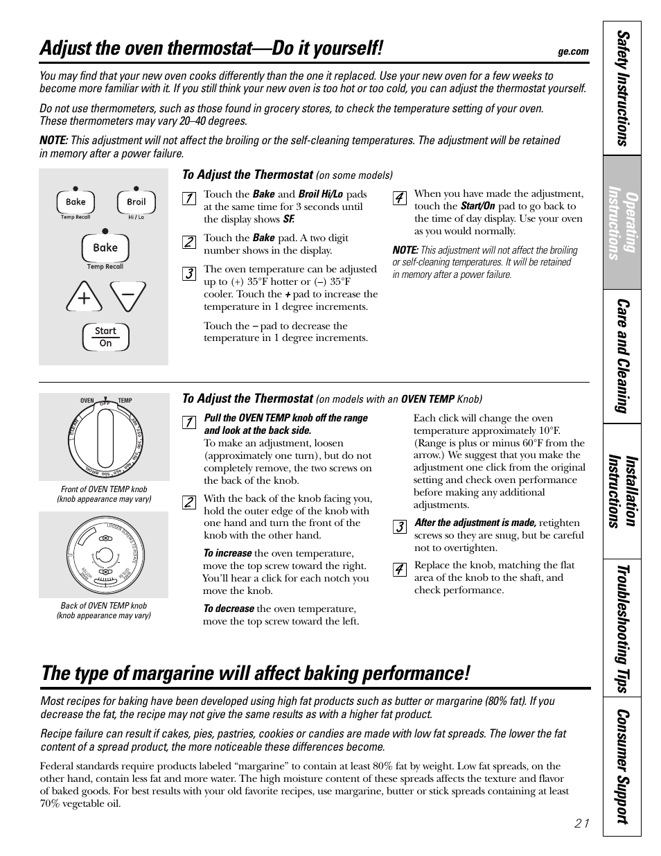 Thermostat adjustment, Adjust the oven thermostat—do it yourself | GE JGBP31 User Manual | Page 21 / 56
