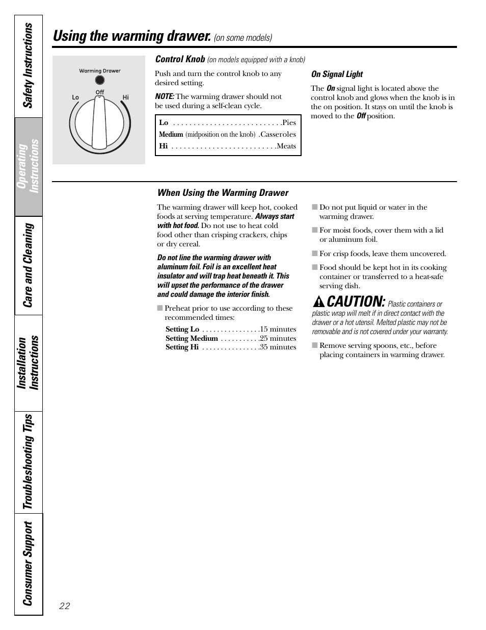 Self-cleaning, Warming drawer, Self-cleaning , 23 | Warming drawer , 23, Using the warming drawer, Caution | GE JGBP31 User Manual | Page 22 / 56