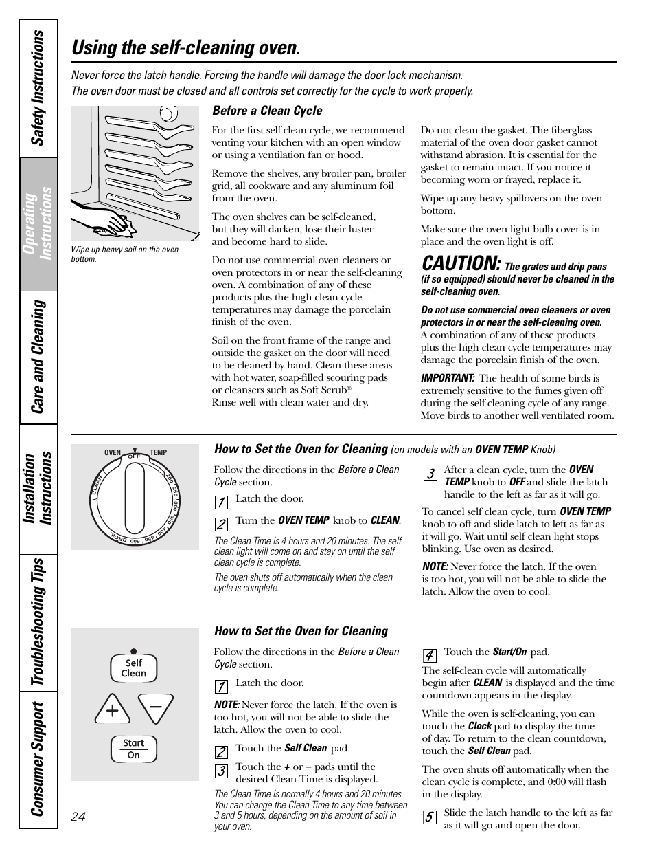 Self-cleaning, Self-cleaning , 25, Caution | Using the self-cleaning oven, Before a clean cycle, How to set the oven for cleaning | GE JGBP31 User Manual | Page 24 / 56