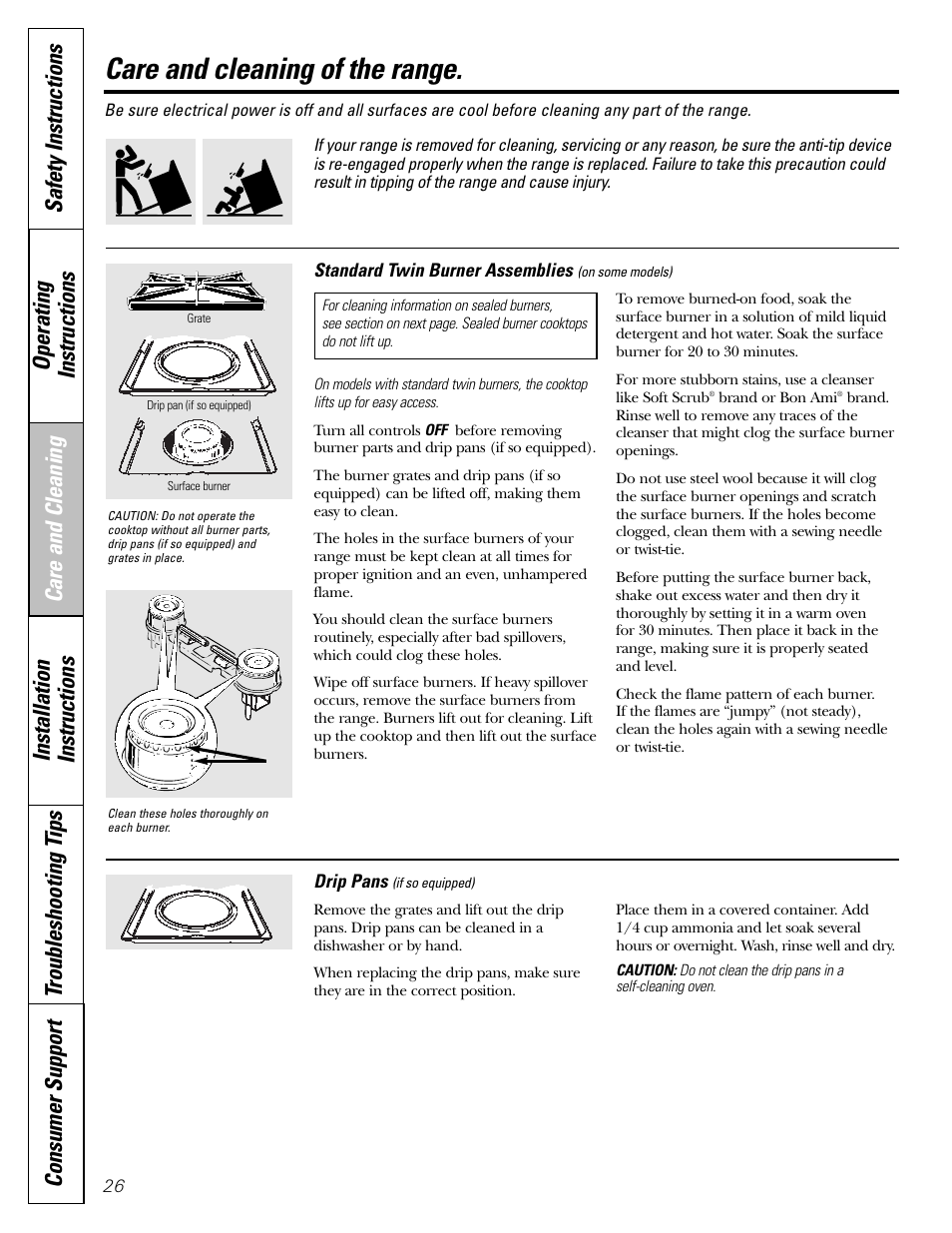 Burner assembly, Burner assembly –28, Care and cleaning of the range | GE JGBP31 User Manual | Page 26 / 56